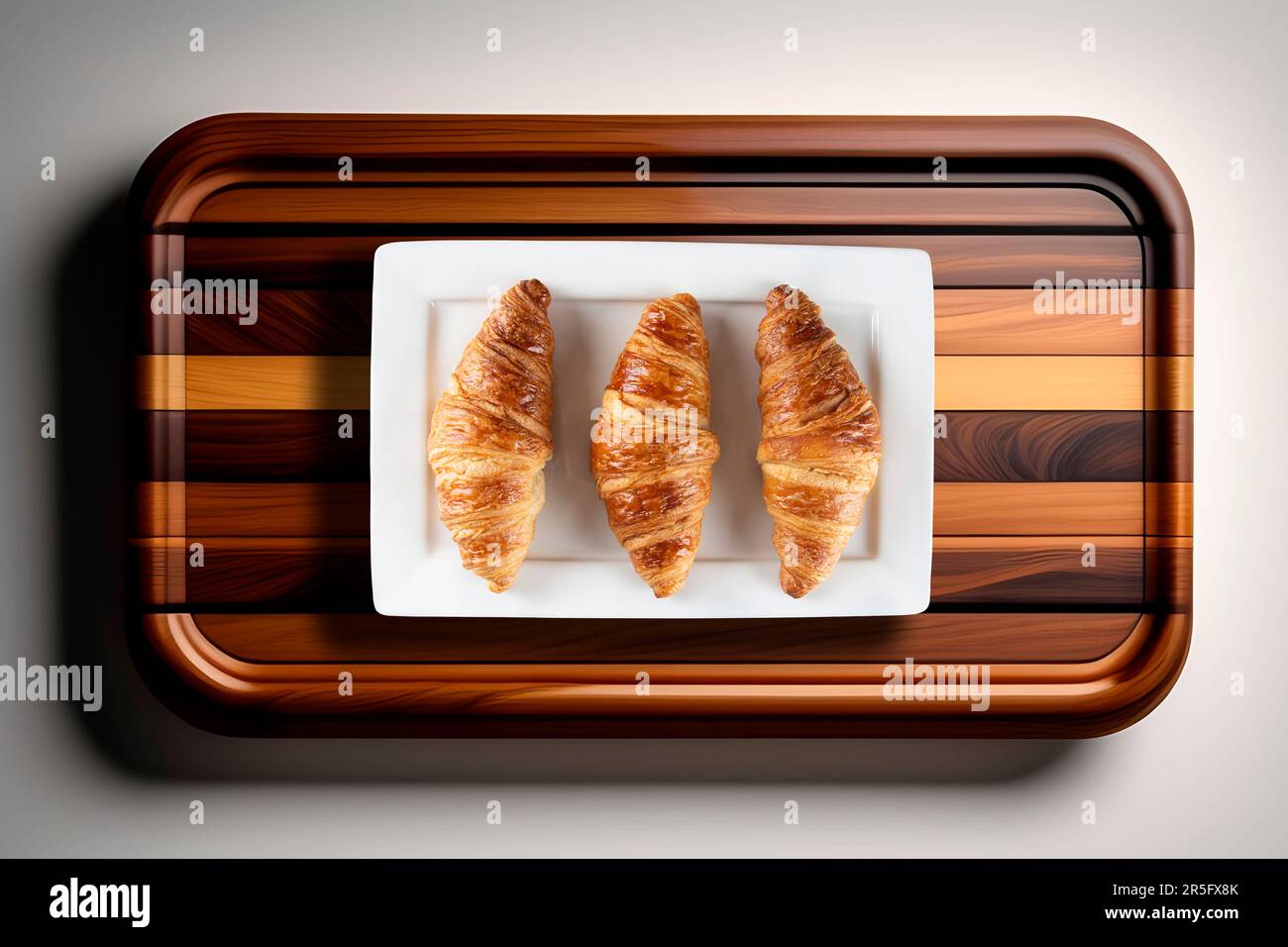 Frisch gebackene leckere Croissants. Draufsicht. französisches Gebäck. Stockfoto