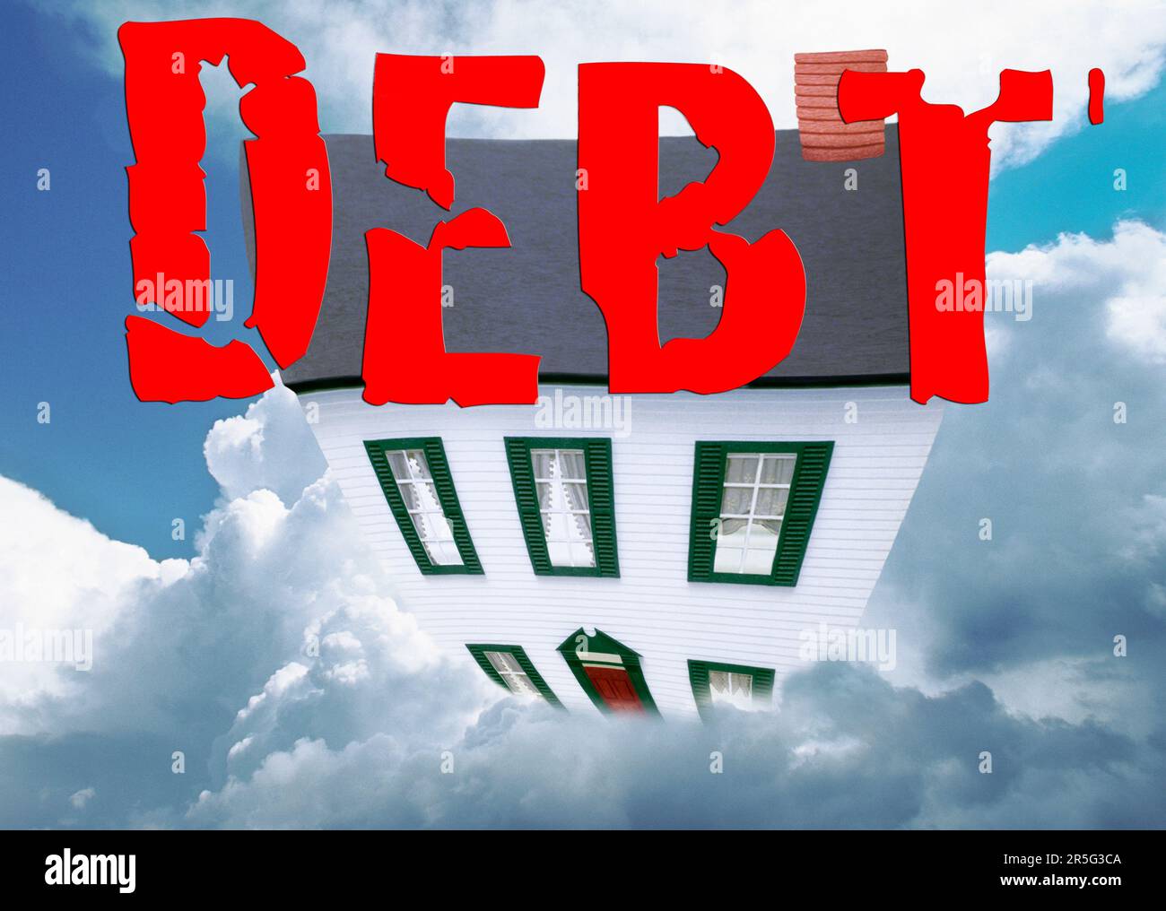 Schulden. Haushypotheken. Verschuldung sinken. Immobilienschulden verlieren Familienheim. Rezession und Stagflation Stockfoto