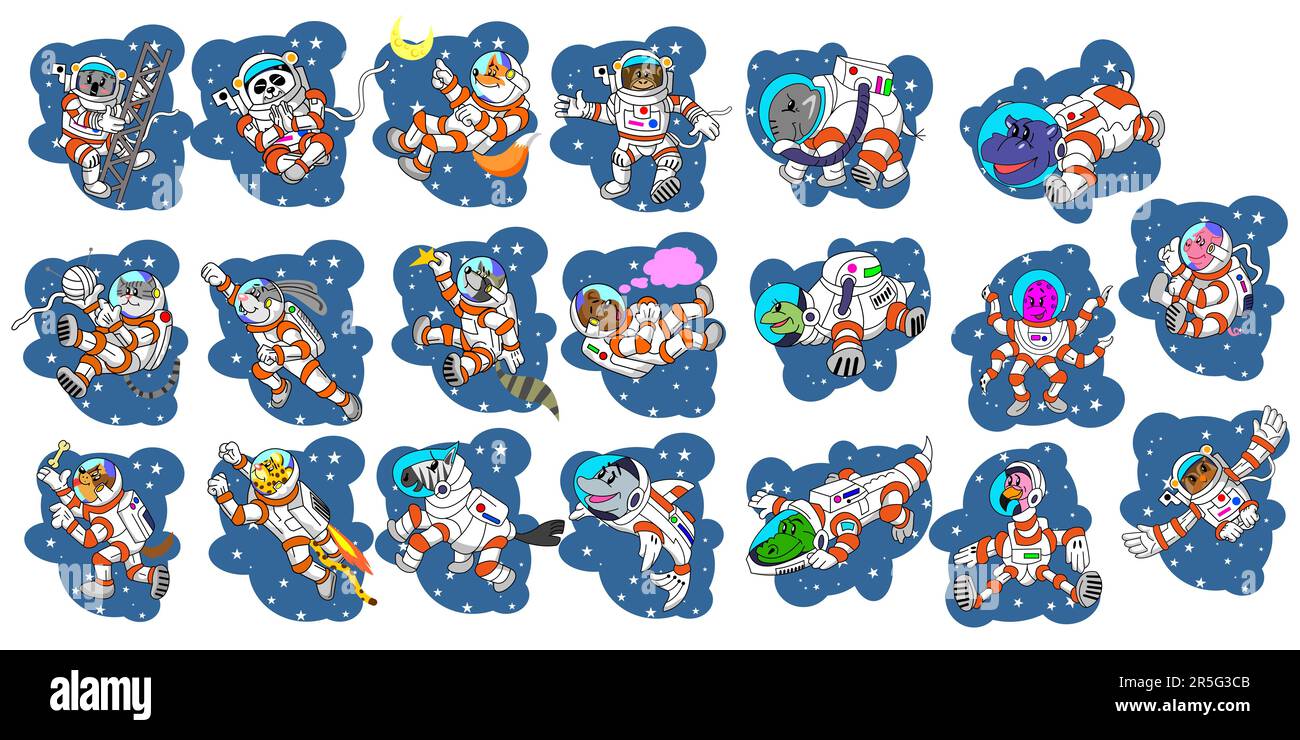 Niedliche Zeichentrickfiguren als Astronauten-Sticker-Set Stock Vektor
