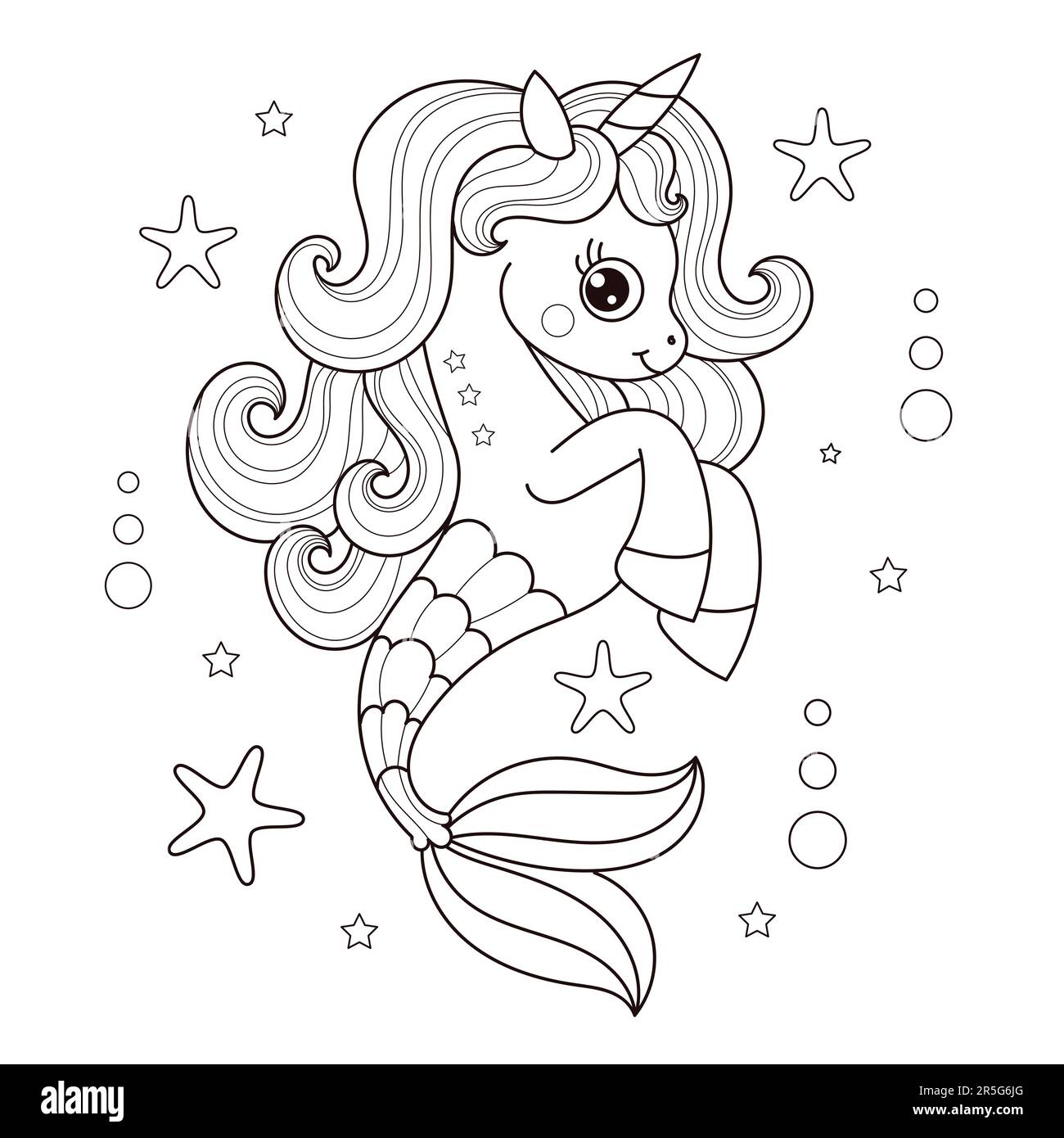 Cartoon Seepferdchen Einhorn. Schwarzweiß-Linearzeichnung. Für das Design von Malbüchern, Plakatabdrücken, Aufklebern, Postkarten usw. für Kinder. Vecto Stock Vektor