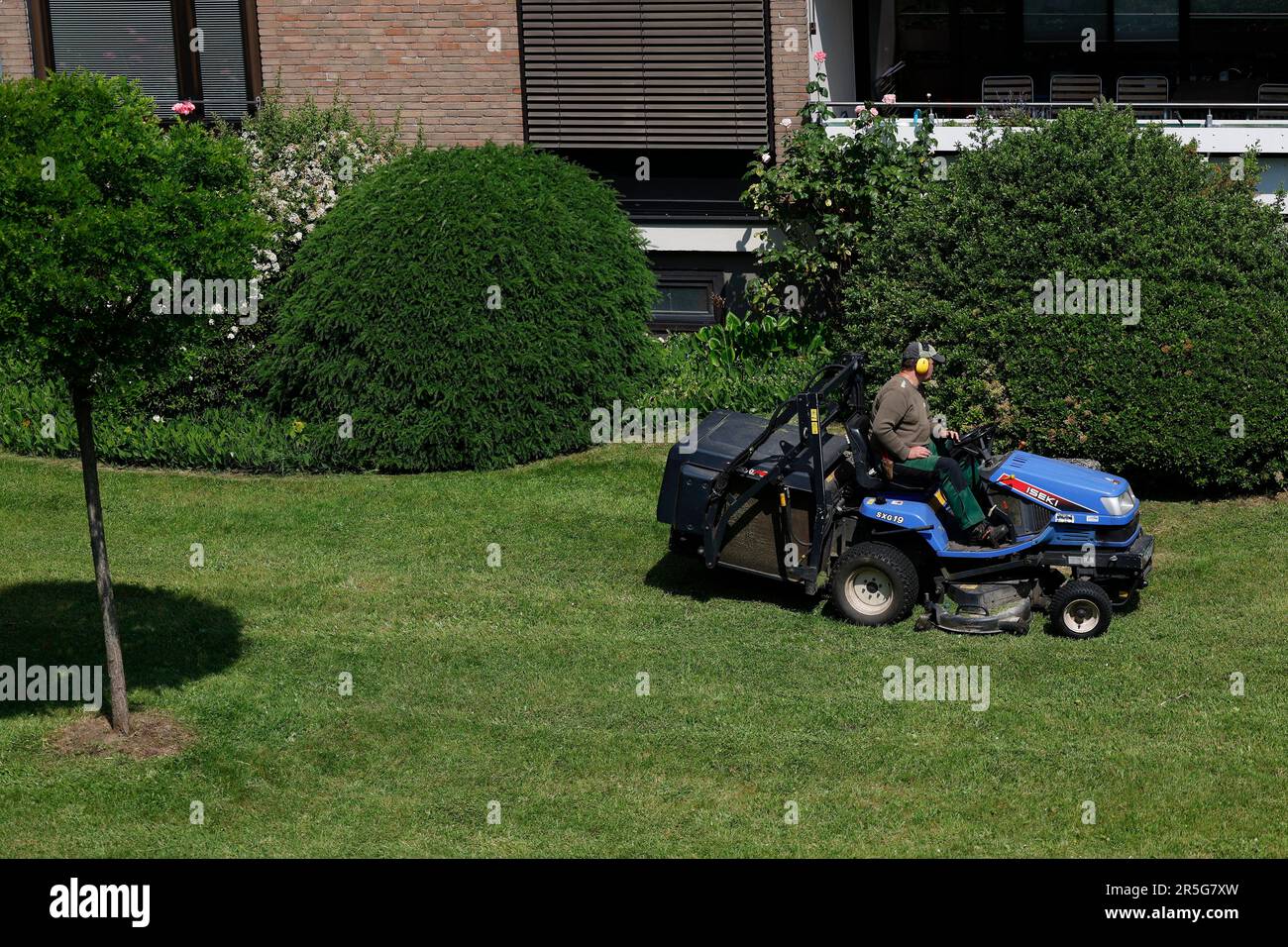 Düsseldorf, Deutschland , 01.06.2023 ein Gartenarbeiter mäht die Grünfläche einer Wohnanlage mit einem Mäh Traktor der Firma Iseki in Düsseldorf - Mörsenbroich Foto : Norbert Schmidt Stockfoto