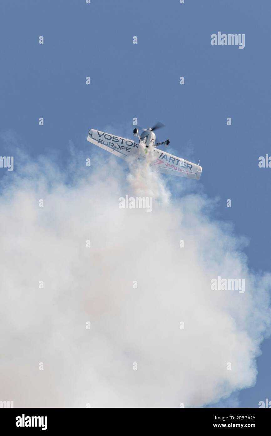 Sukhoi Su-31 auf der Pardubice Air Show 2023 in Pardubice, Tschechische Republik Stockfoto