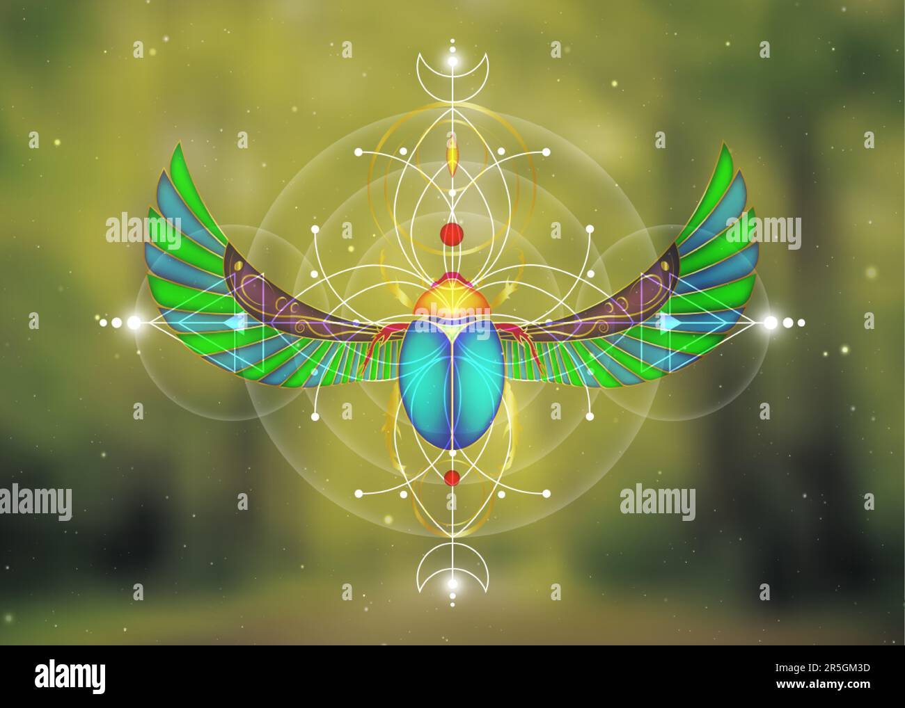 Heilige Geometrie, Scarab-Käfer auf der Blume des Lebens, mystische Zeichnung von Kreisen, Dreiecken, Mond, Energieschema. Symbole der Alchemie, Magie, Esoterie Stock Vektor