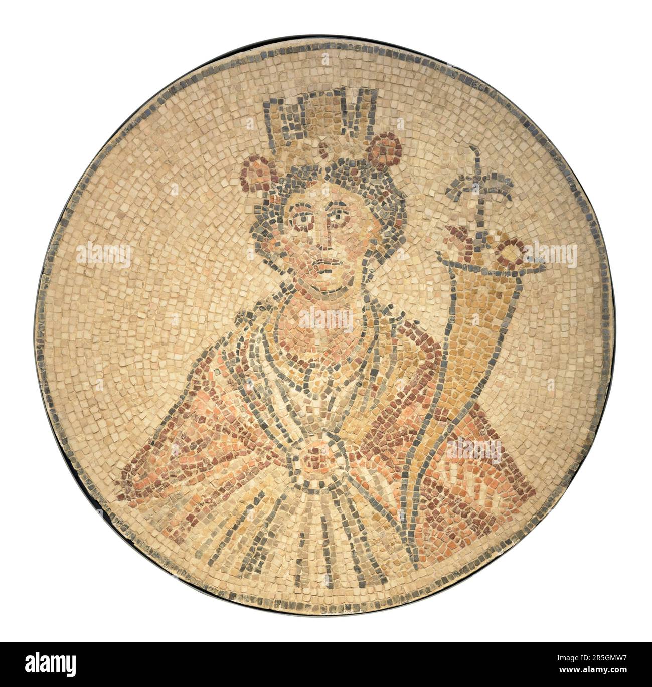 Mosaik von Tyche, die römische Göttin des Glücks, trägt die von Mauern umgebene Stadt als Krone und hält das Horn des Reiches in ihrer Hand Stockfoto