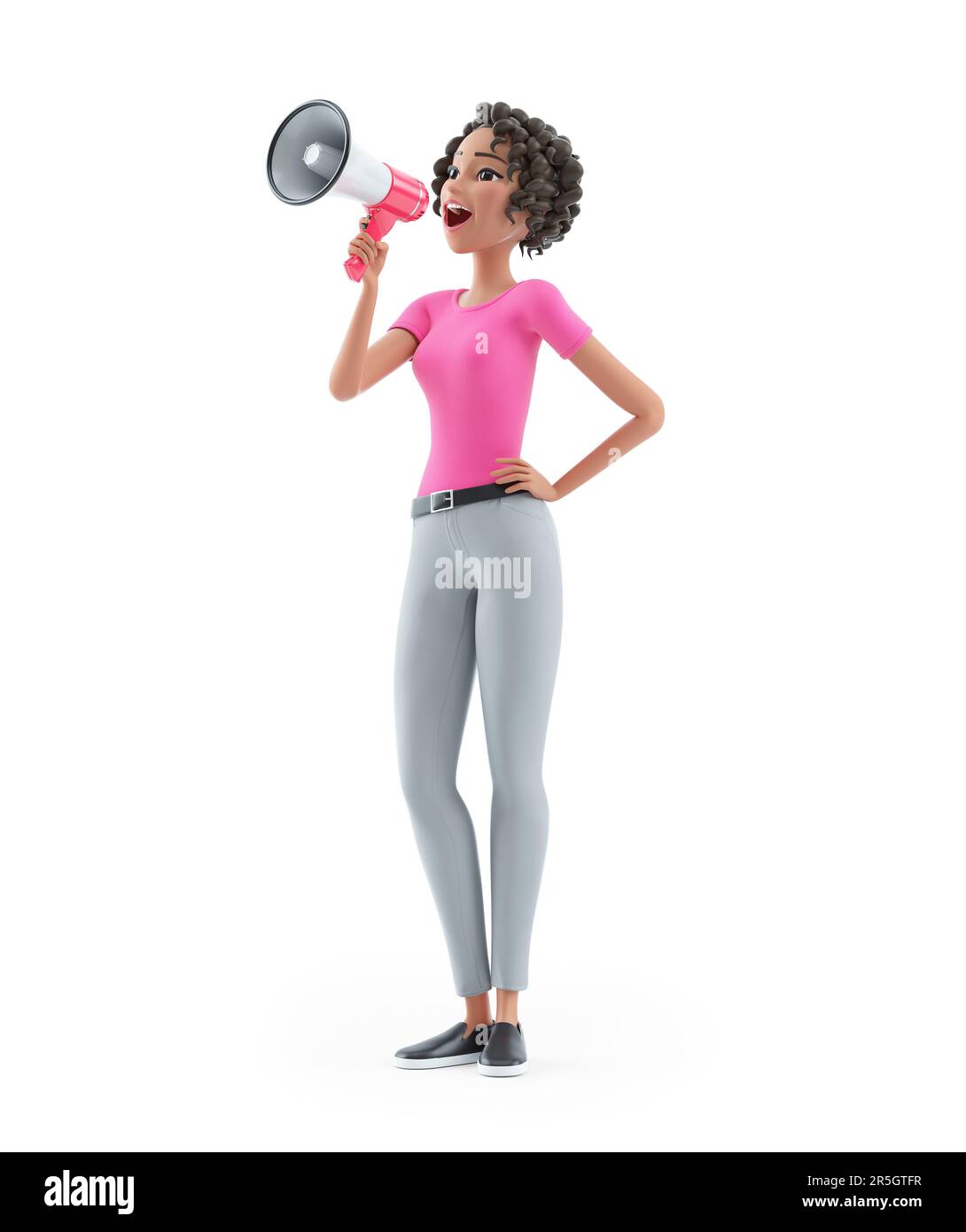 3D schöne Frau, die eine Durchsage mit Megafon macht, Illustration isoliert auf weißem Hintergrund Stockfoto