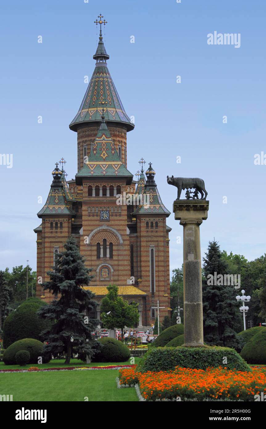 Rumaenisch-Orthodoxe Kathedrale im Zentrum von Timisoara, davor die Saeule mit der Woelfin welche Romuls und Remus saeugt, sie ist ein Geschenk der Stockfoto