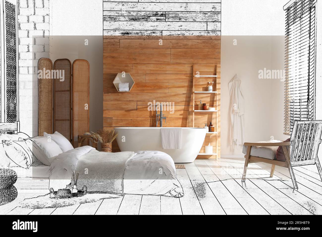 Von der Idee zur Umsetzung. Stilvolle Einrichtung des Apartments mit kombiniertem Bad und Schlafbereich. Collage aus Foto und Skizze Stockfoto