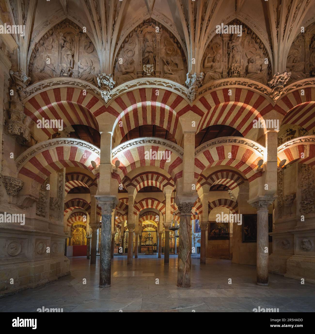 Bögen und Säulen der hypostilvollen Gebetshalle in der Moschee-Kathedrale von Cordoba (Al-Hakam II. Expasion) - Cordoba, Andalusien, Spanien Stockfoto