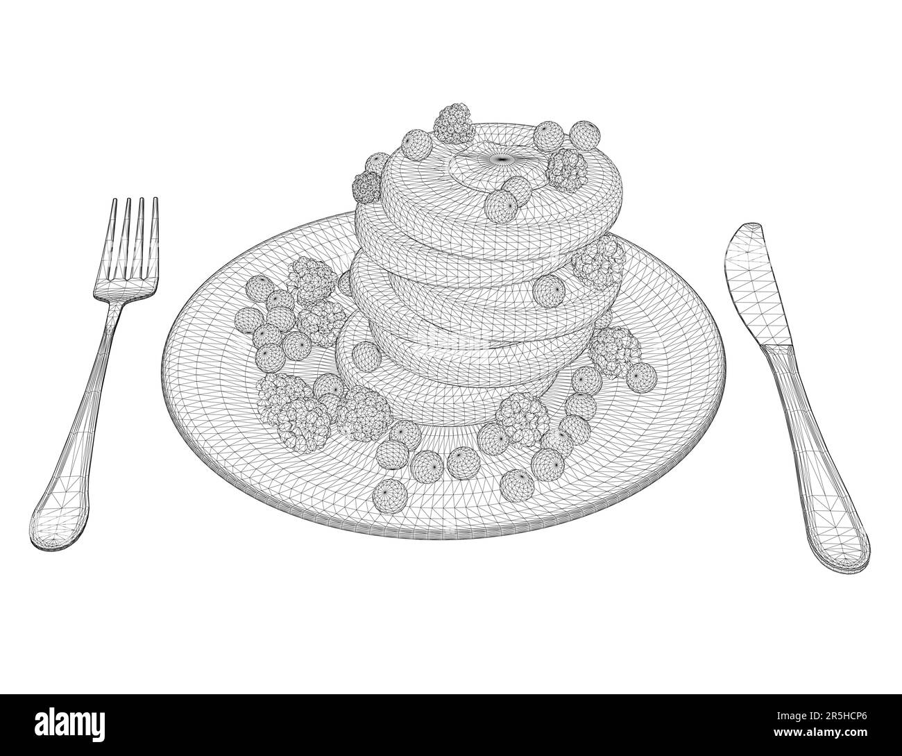 Drahtmodell aus Keksen mit Beeren auf einem Teller mit Löffel und Gabel, mit schwarzen Linien isoliert auf weißem Hintergrund. Nachtisch mit Himbeeren. Isometri Stock Vektor