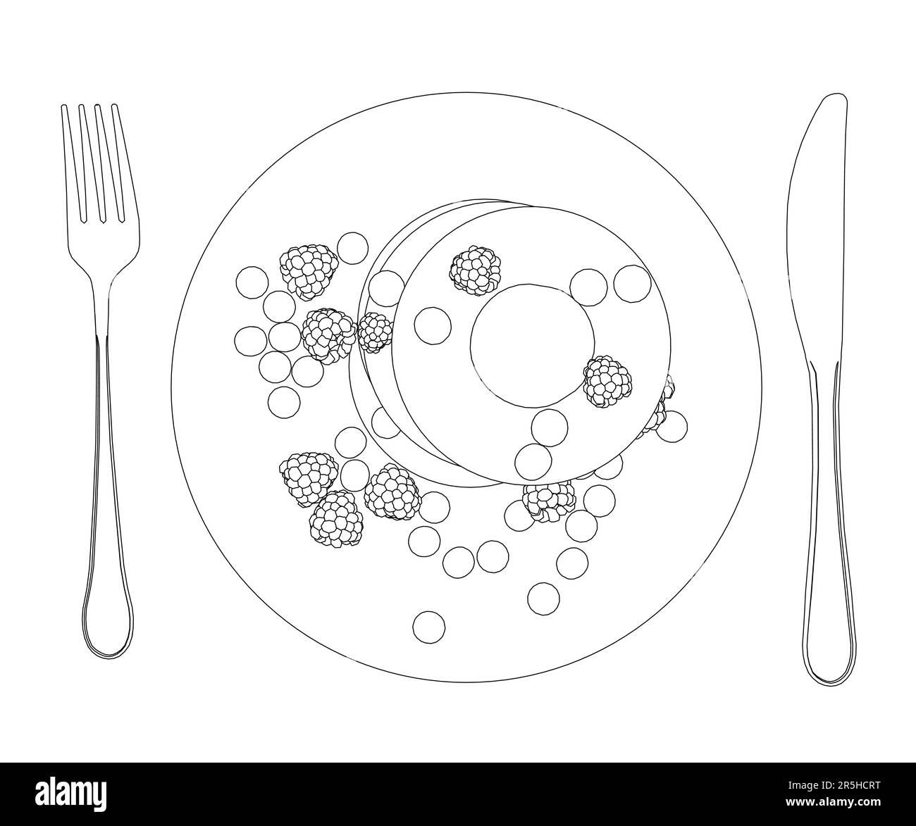 Umriss von Keksen mit Beeren auf einem Teller mit Löffel und Gabel von schwarzen Linien isoliert auf weißem Hintergrund. Nachtisch mit Himbeeren. Ansicht von Stock Vektor