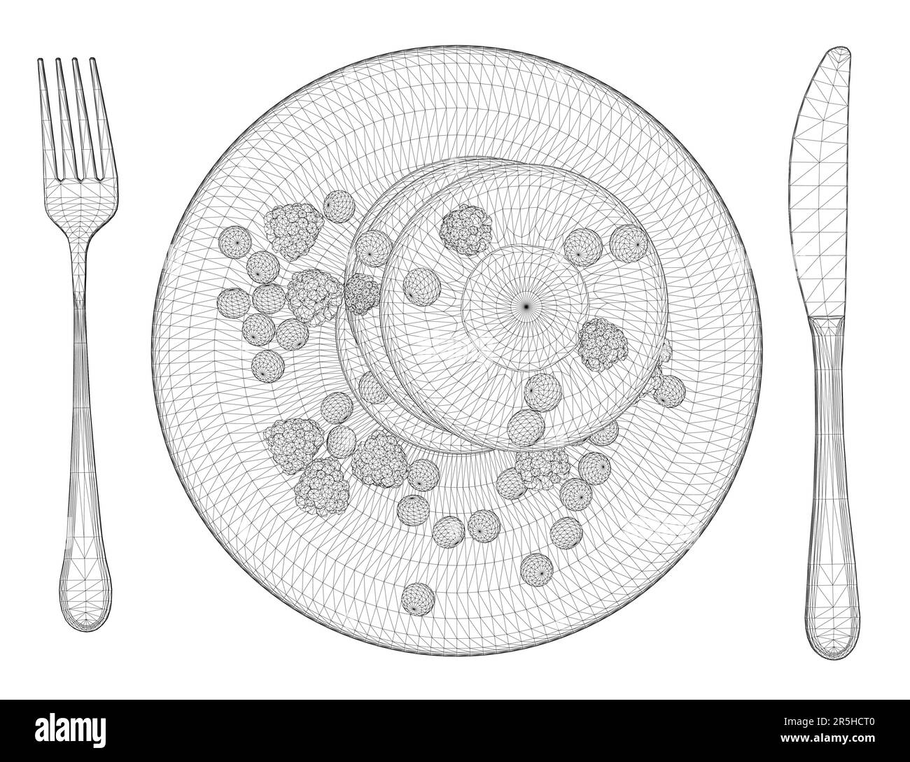 Drahtmodell aus Keksen mit Beeren auf einem Teller mit Löffel und Gabel, mit schwarzen Linien isoliert auf weißem Hintergrund. Nachtisch mit Himbeeren. Ansicht von Stock Vektor