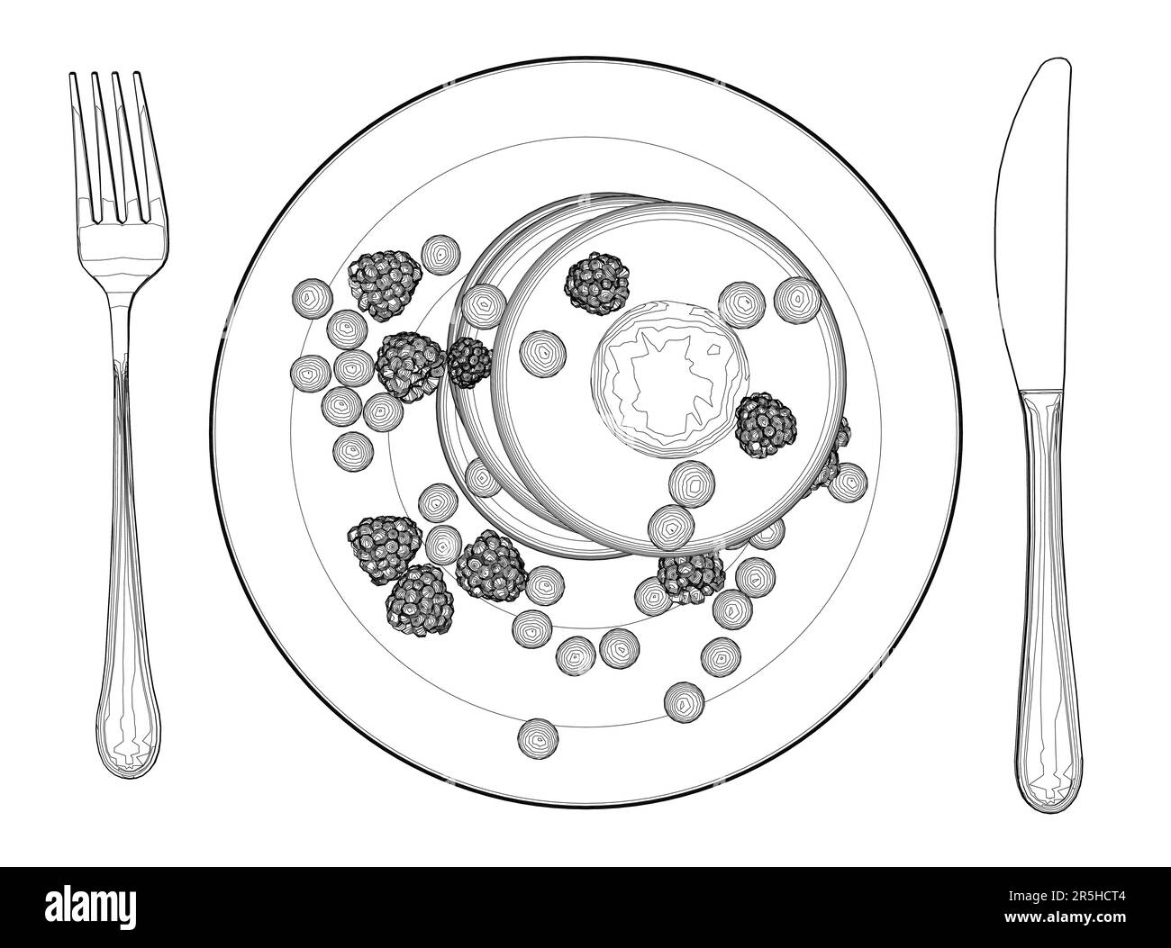 Umriss von Keksen mit Beeren auf einem Teller mit Löffel und Gabel von schwarzen Linien isoliert auf weißem Hintergrund. Nachtisch mit Himbeeren. Ansicht von Stock Vektor