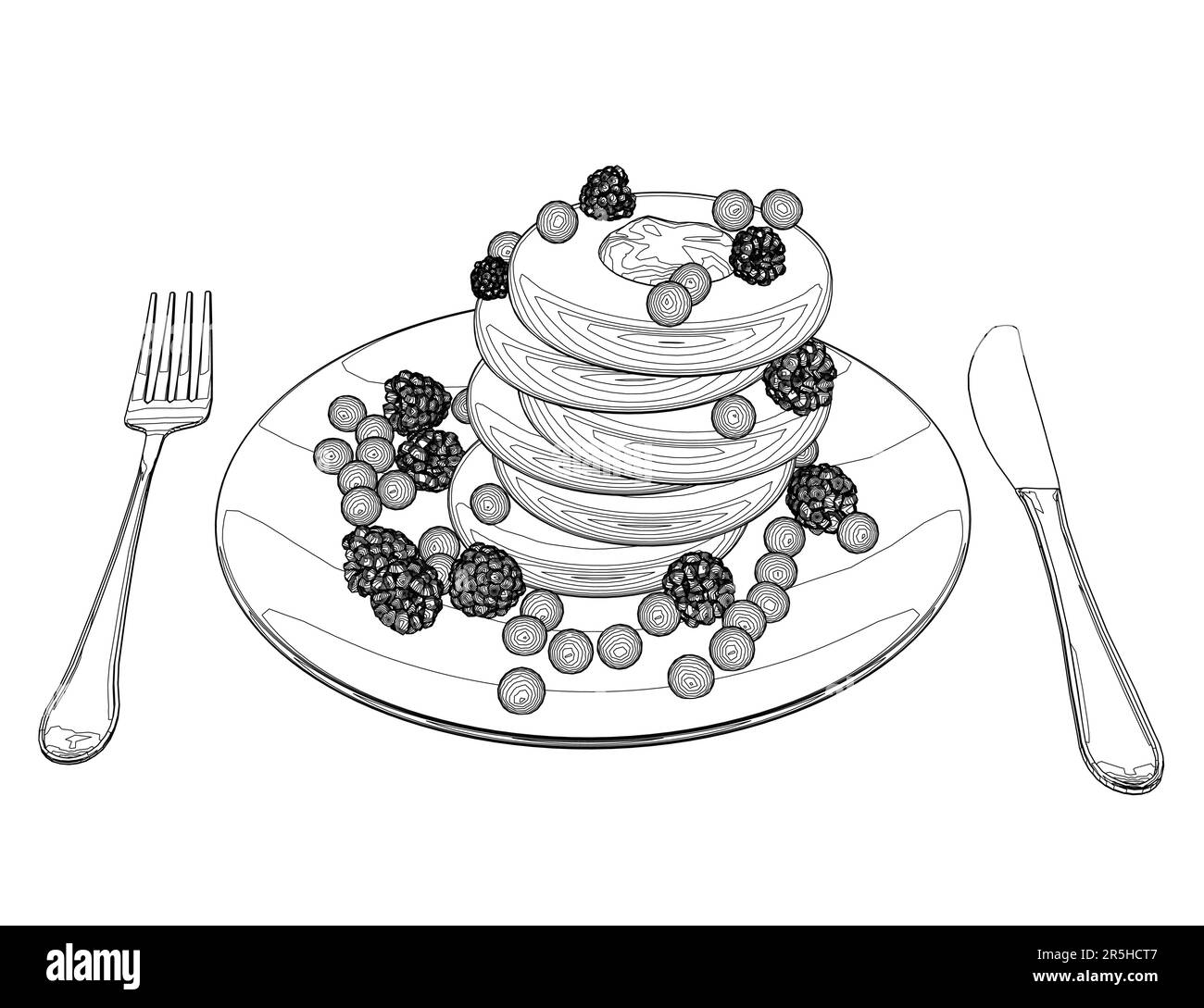 Umriss von Keksen mit Beeren auf einem Teller mit Löffel und Gabel von schwarzen Linien isoliert auf weißem Hintergrund. Nachtisch mit Himbeeren. Isometrisch Stock Vektor