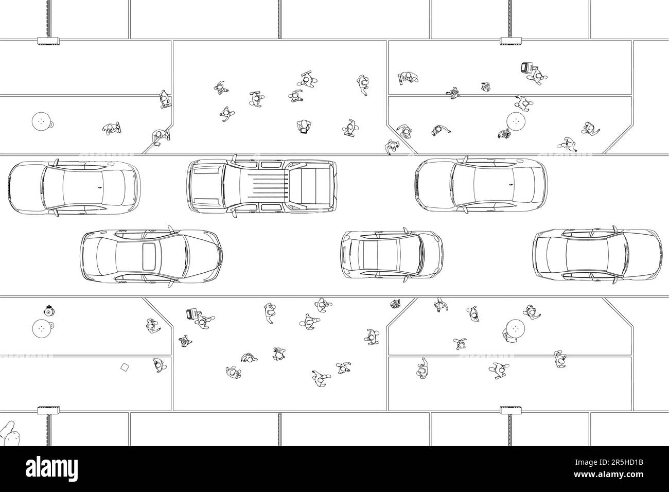 Umriss einer belebten Straße mit Menschen und Autos von schwarzen Linien isoliert auf weißem Hintergrund. Blick von oben. 3D. Vektordarstellung. Stock Vektor