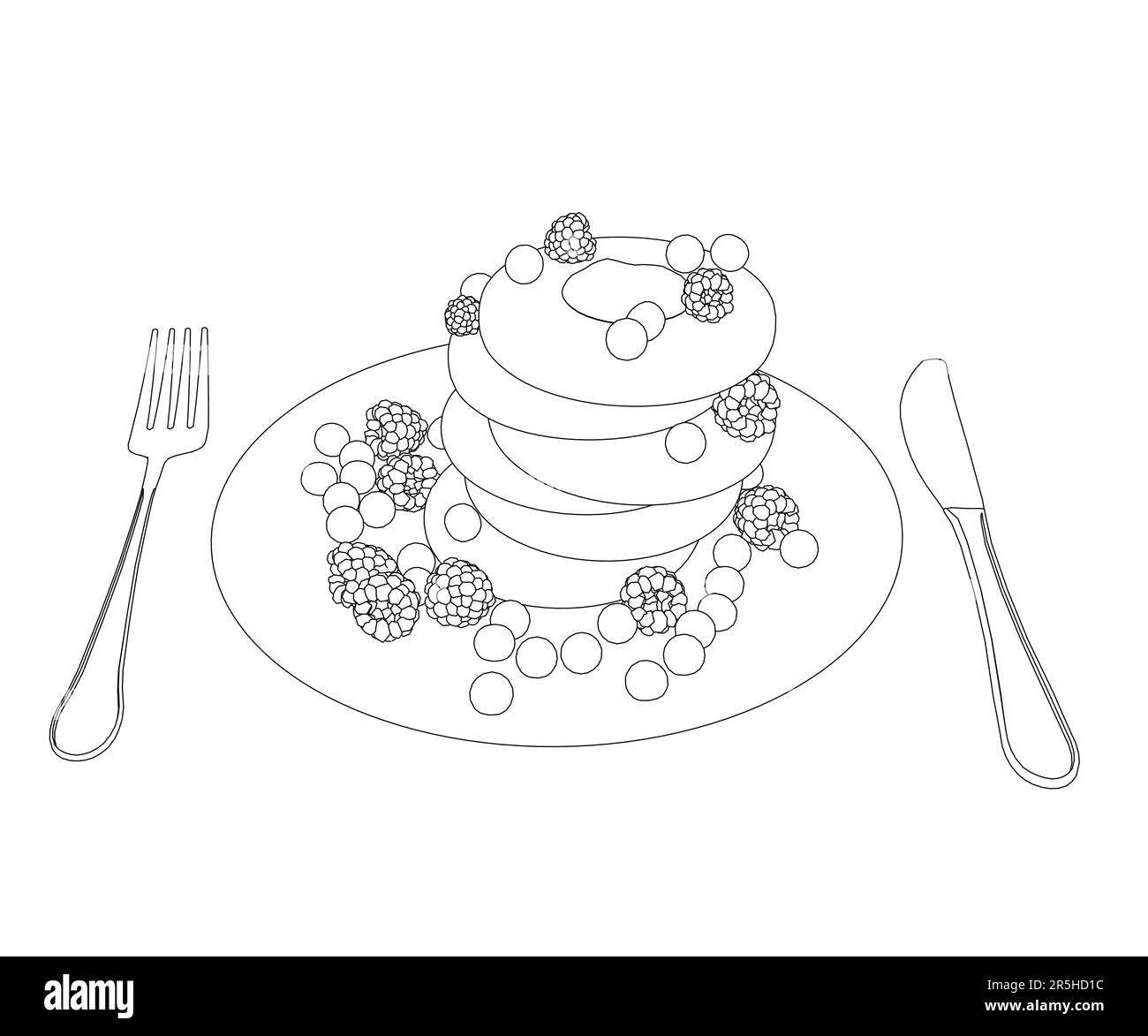 Umriss von Keksen mit Beeren auf einem Teller mit Löffel und Gabel von schwarzen Linien isoliert auf weißem Hintergrund. Nachtisch mit Himbeeren. Isometrisch Stock Vektor