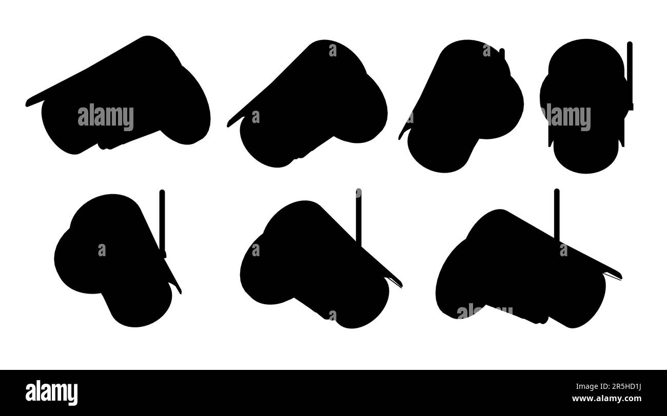 Set mit Silhouetten von Überwachungskameras in verschiedenen Positionen isoliert auf weißem Hintergrund. Die isometrische Ansicht wird nach rechts und links gedreht. 3D. Vektor Stock Vektor