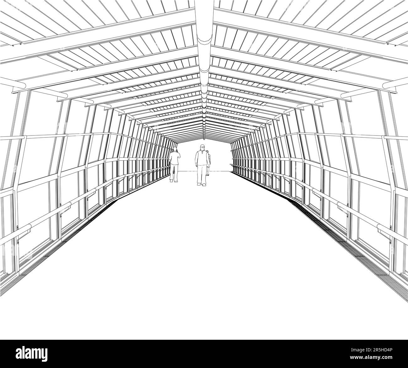 Umriss einer Fußgängerbrücke mit Dach und Menschen, die von schwarzen Linien auf weißem Hintergrund laufen. Vektordarstellung. Stock Vektor
