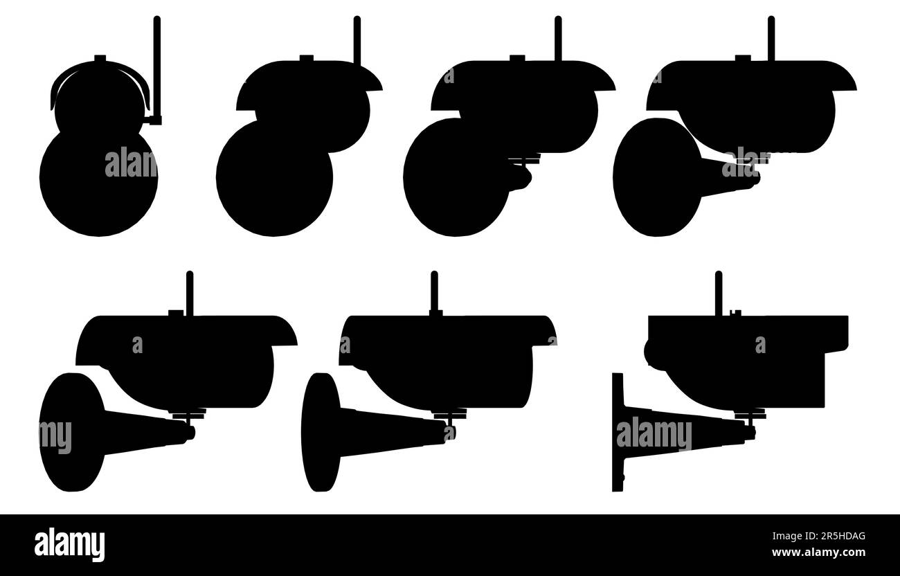 Set mit Silhouetten von Überwachungskameras in verschiedenen Positionen, von schwarzen Linien isoliert auf weißem Hintergrund. Die Vorderansicht dreht sich zum Bohrfahrzeug Stock Vektor