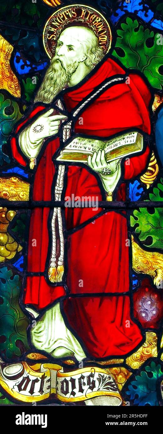 St. Jerome, Buntglasfenster, von Charles Kempe, 1879, Stanhoe Norfolk, England, Großbritannien Stockfoto