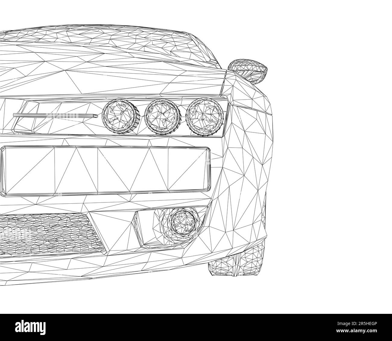 Polygonales Drahtmodell der Fahrzeugfront mit schwarzen Linien, isoliert auf weißem Hintergrund. Vorderansicht. 3D. Vektordarstellung. Stock Vektor
