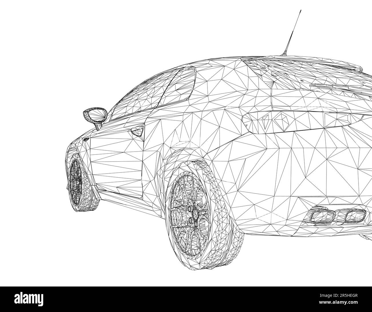 Polygonales Drahtmodell am Heck des Fahrzeugs mit schwarzen Linien, isoliert auf weißem Hintergrund. Rückansicht. 3D. Vektordarstellung. Stock Vektor
