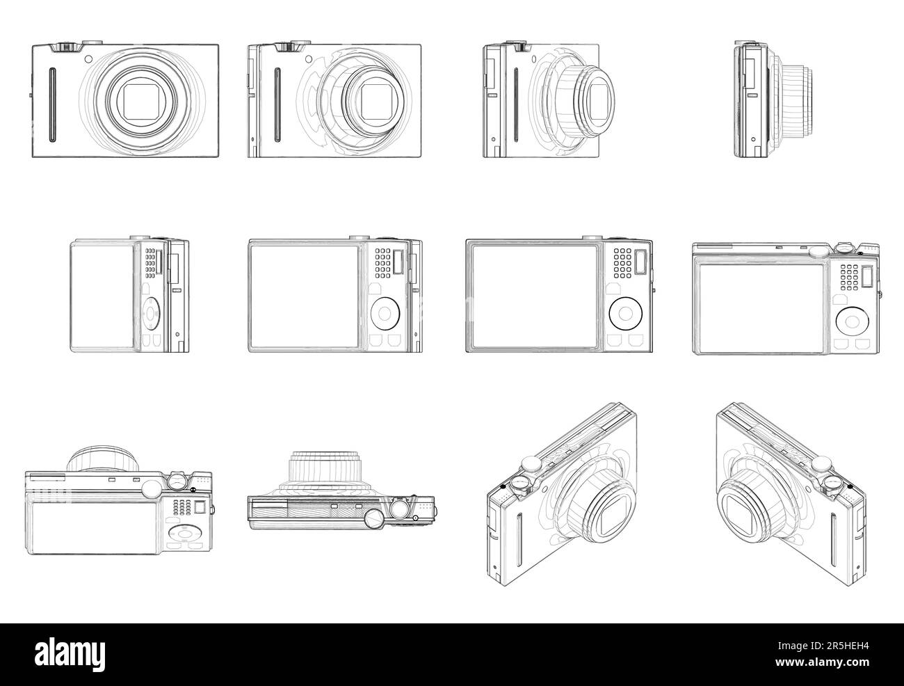Legt die Konturen der Kamera in verschiedenen Positionen fest, von schwarzen Linien auf weißem Hintergrund isoliert. 3D. Vektordarstellung. Stock Vektor