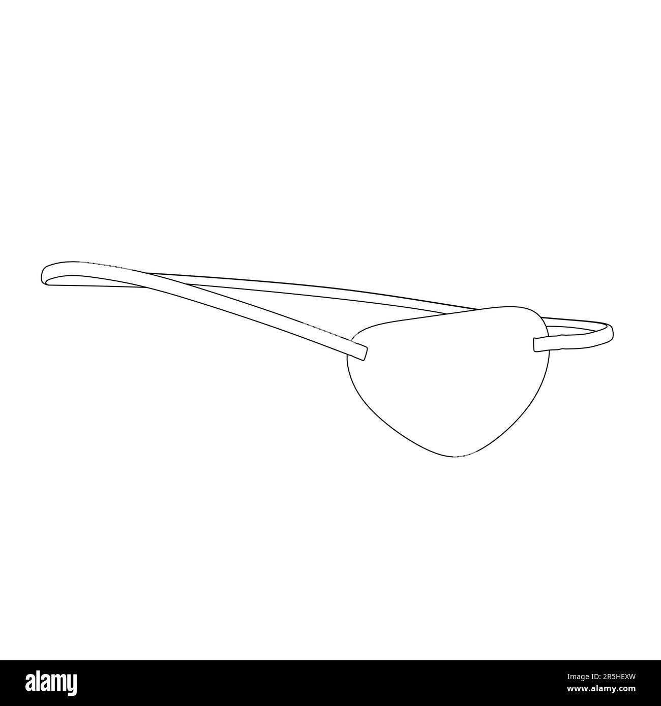 Menschliche Augenpflasterkontur aus schwarzen, auf weißem Hintergrund isolierten Linien. Piraten-Augenklappe. Vorderansicht. Vektordarstellung. Stock Vektor