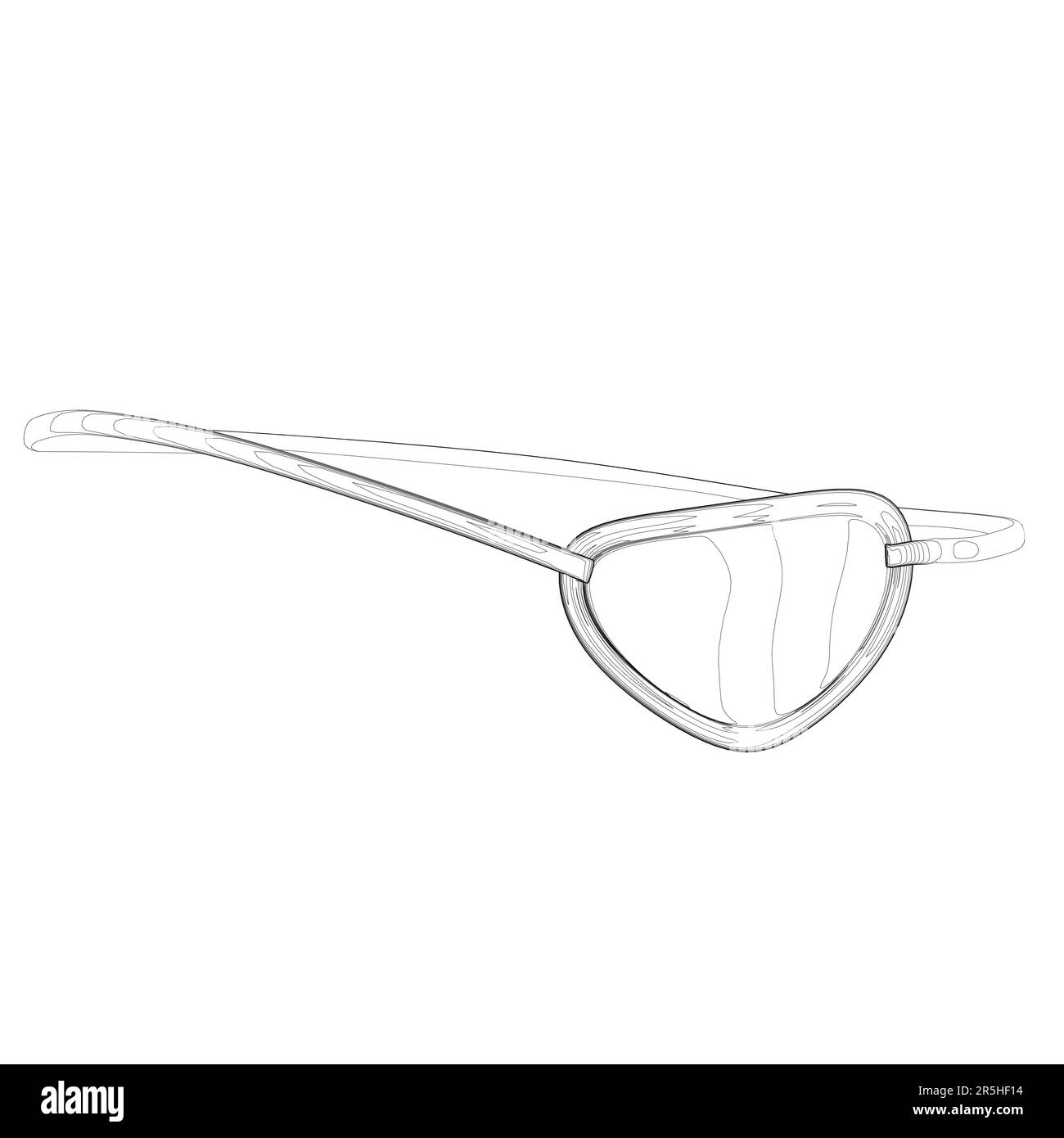 Menschliche Augenpflasterkontur aus schwarzen, auf weißem Hintergrund isolierten Linien. Piraten-Augenklappe. Vorderansicht. Vektordarstellung. Stock Vektor