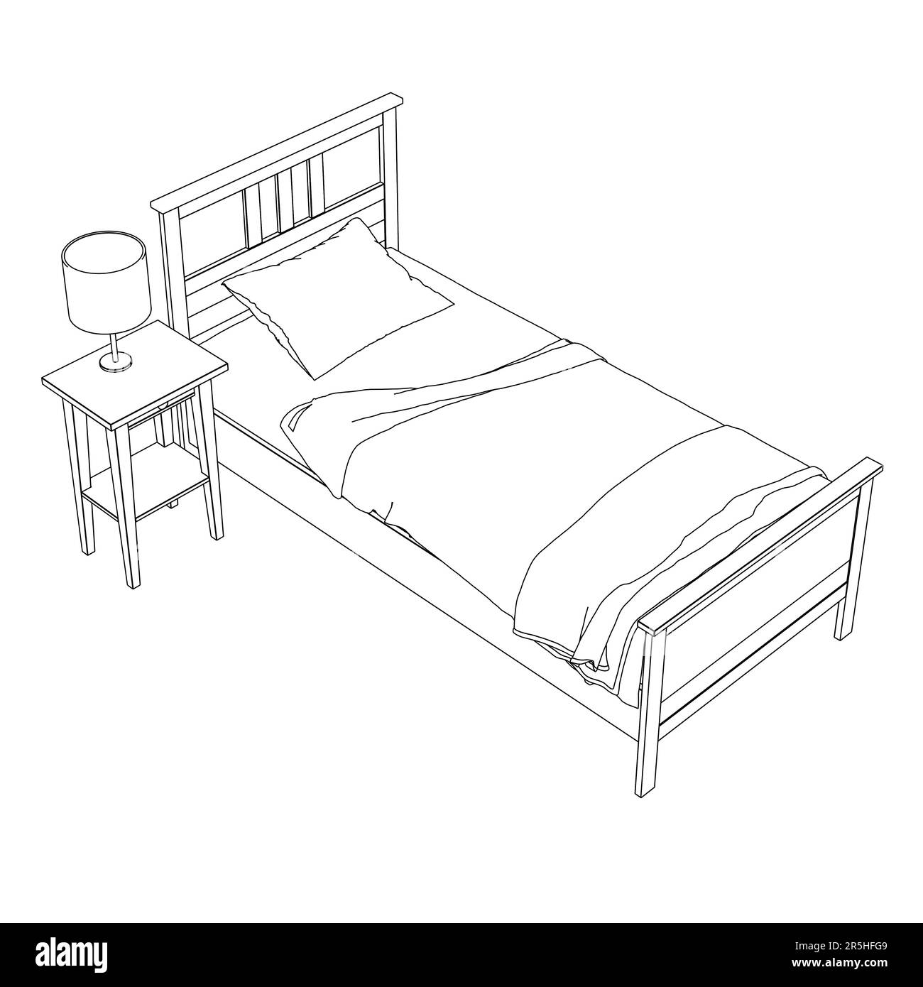 Umriss eines Bettes mit einer Decke und einem Kissen mit Nachttisch mit einer Lampe aus schwarzen Linien, isoliert auf weißem Hintergrund. Isometrische Ansicht. Vect Stock Vektor