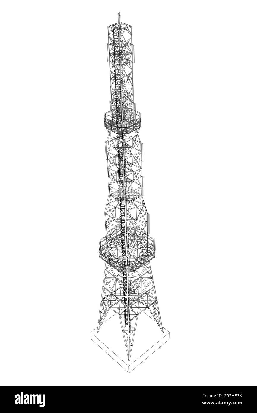 Umriss eines hohen Turms für die Kommunikation von schwarzen Linien, isoliert auf weißem Hintergrund. Isometrische Ansicht. 3D. Vektordarstellung. Stock Vektor