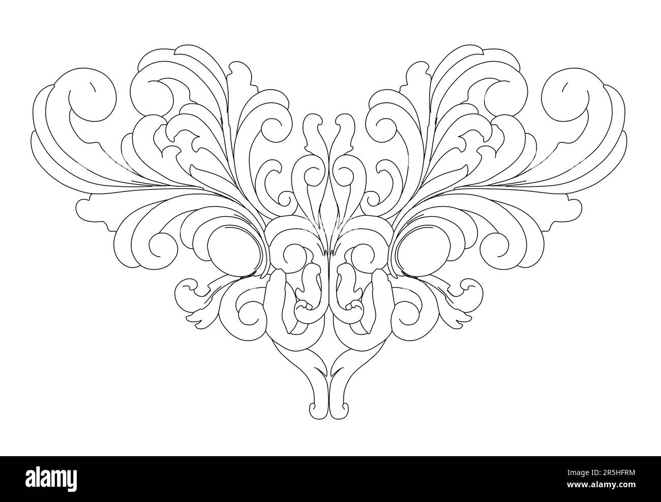 Umriss eines dekorativen Ornaments aus schwarzen, auf weißem Hintergrund isolierten Linien. Vektordarstellung. Stock Vektor
