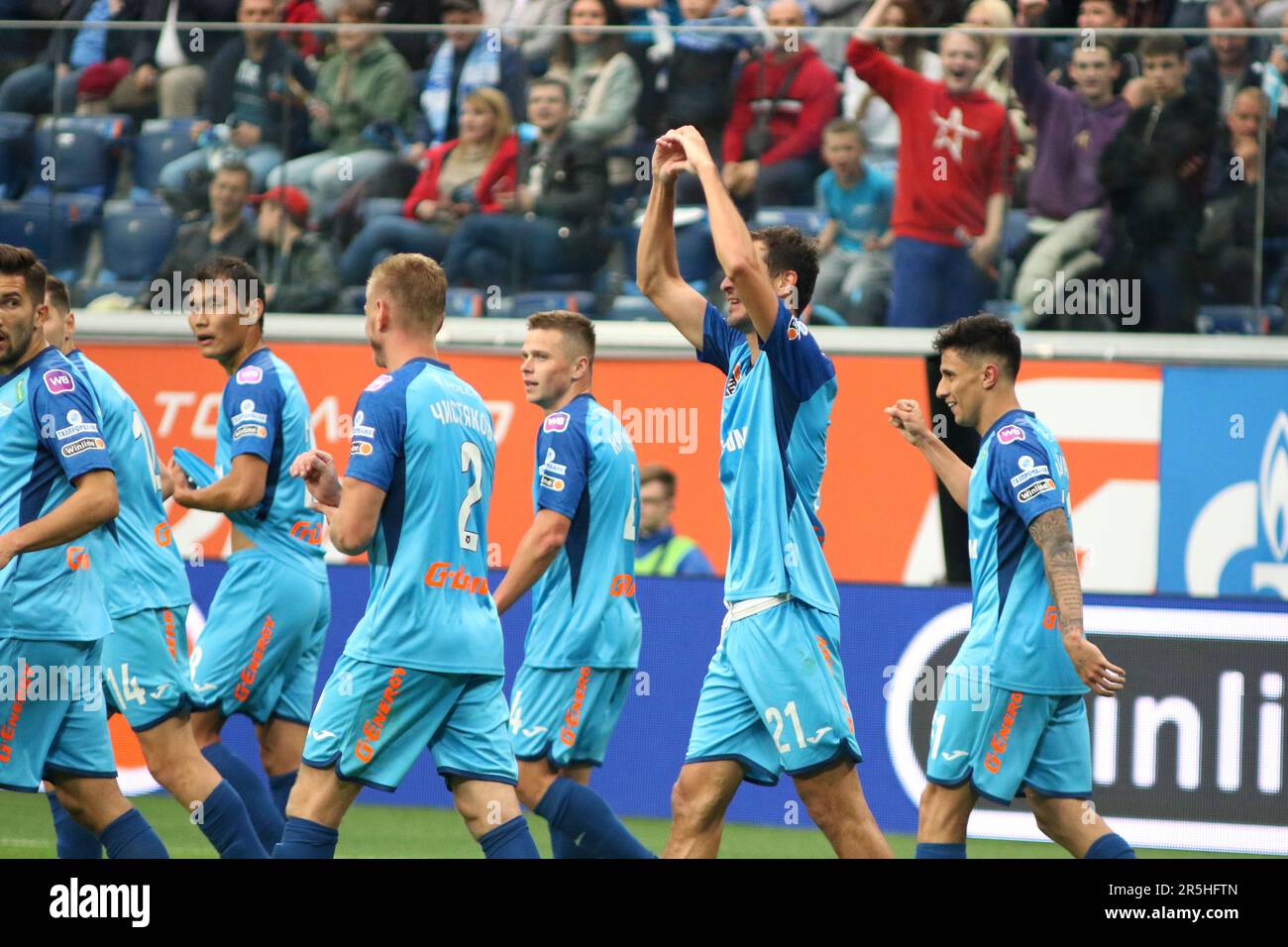 Sankt Petersburg, Russland. 03. Juni 2023. Nuraly Alip (Nr.28), Dmitri Chistyakov (Nr.2), Gustavo Mantuan (Nr.31), Aleksander Erokhin (Nr.21) von Zenit in Aktion während des Fußballspiels der russischen Premier League zwischen Zenit St. Petersburg und Fakel Voronezh in der Gazprom Arena. Das Team des FC Zenit gewann gegen Fakel Voronezh mit einem Endstand von 1:0. Kredit: SOPA Images Limited/Alamy Live News Stockfoto