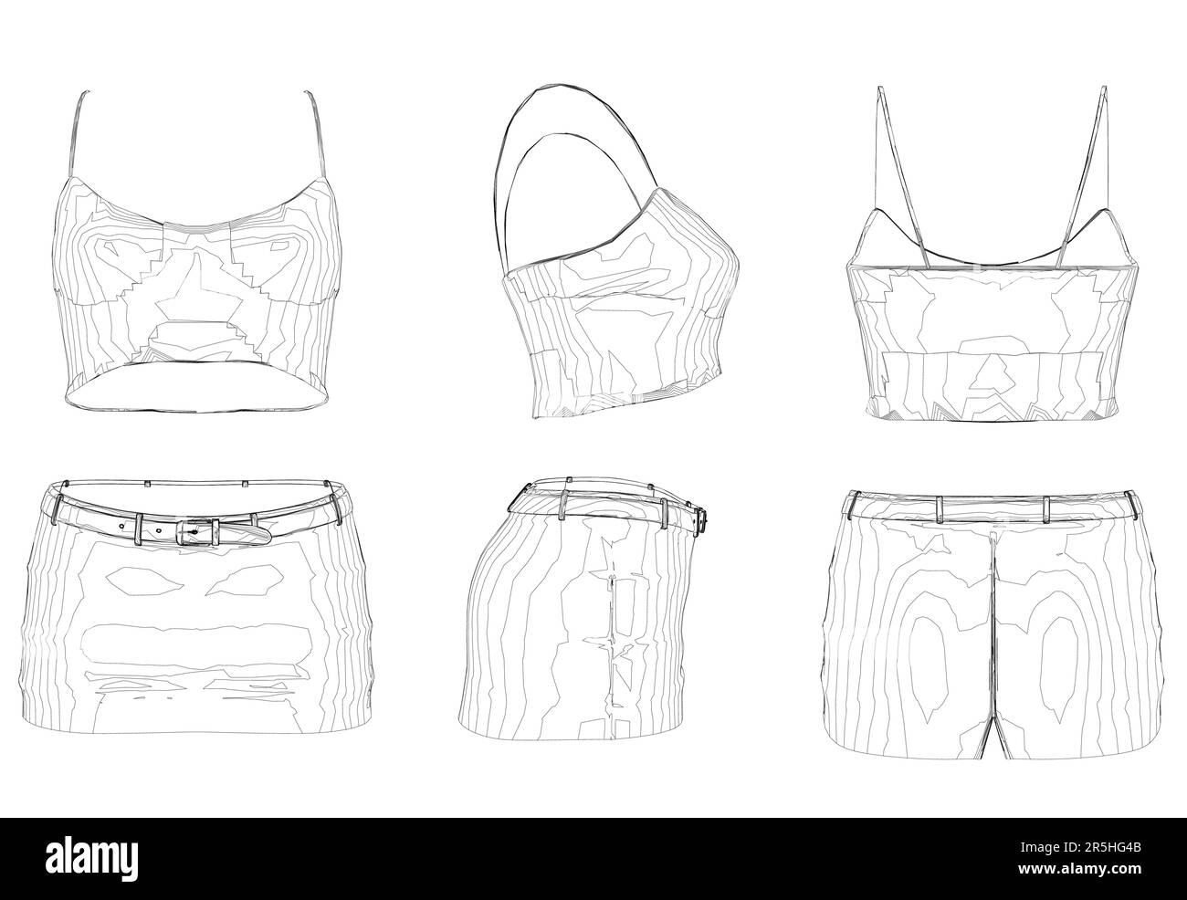 Set mit den Konturen eines Damenoberteils und einem kurzen Rock mit schwarzen Linien, isoliert auf weißem Hintergrund. Vorder-, Seiten- und Rückansicht. Vektordarstellung. Stock Vektor