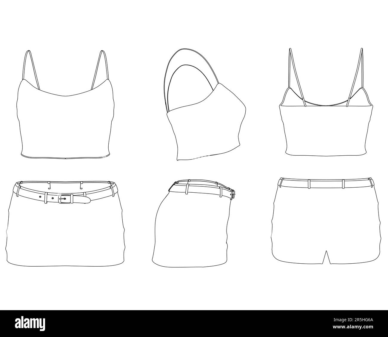 Set mit den Konturen eines Damenoberteils und einem kurzen Rock mit schwarzen Linien, isoliert auf weißem Hintergrund. Vorder-, Seiten- und Rückansicht. Vektordarstellung. Stock Vektor