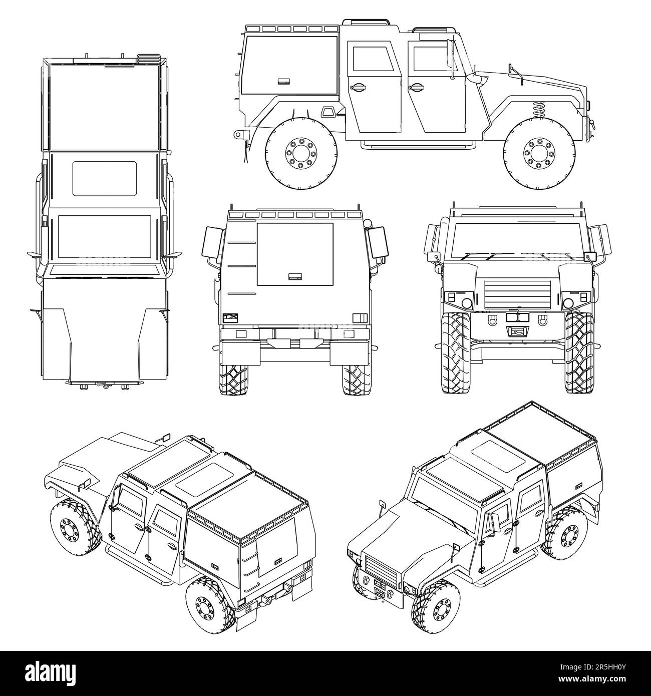 Mit Konturen eines Kampfjeeps aus schwarzen Linien, isoliert auf weißem Hintergrund. Isometrische Ansicht, Seite, Vorderseite, Rückseite, Oben. 3D. Vektordarstellung. Stock Vektor