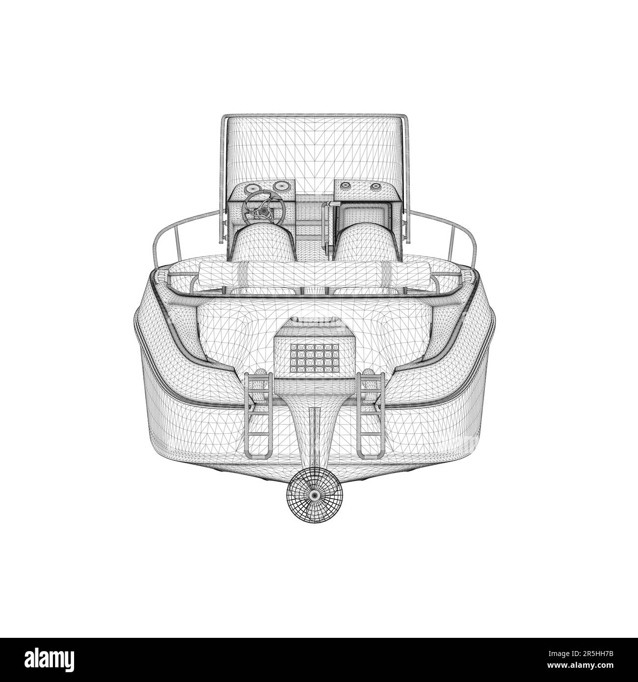 Drahtdarstellung von Motorbooten aus schwarzen Linien, isoliert auf weißem Hintergrund. Rückansicht. 3D. Vektordarstellung. Stock Vektor