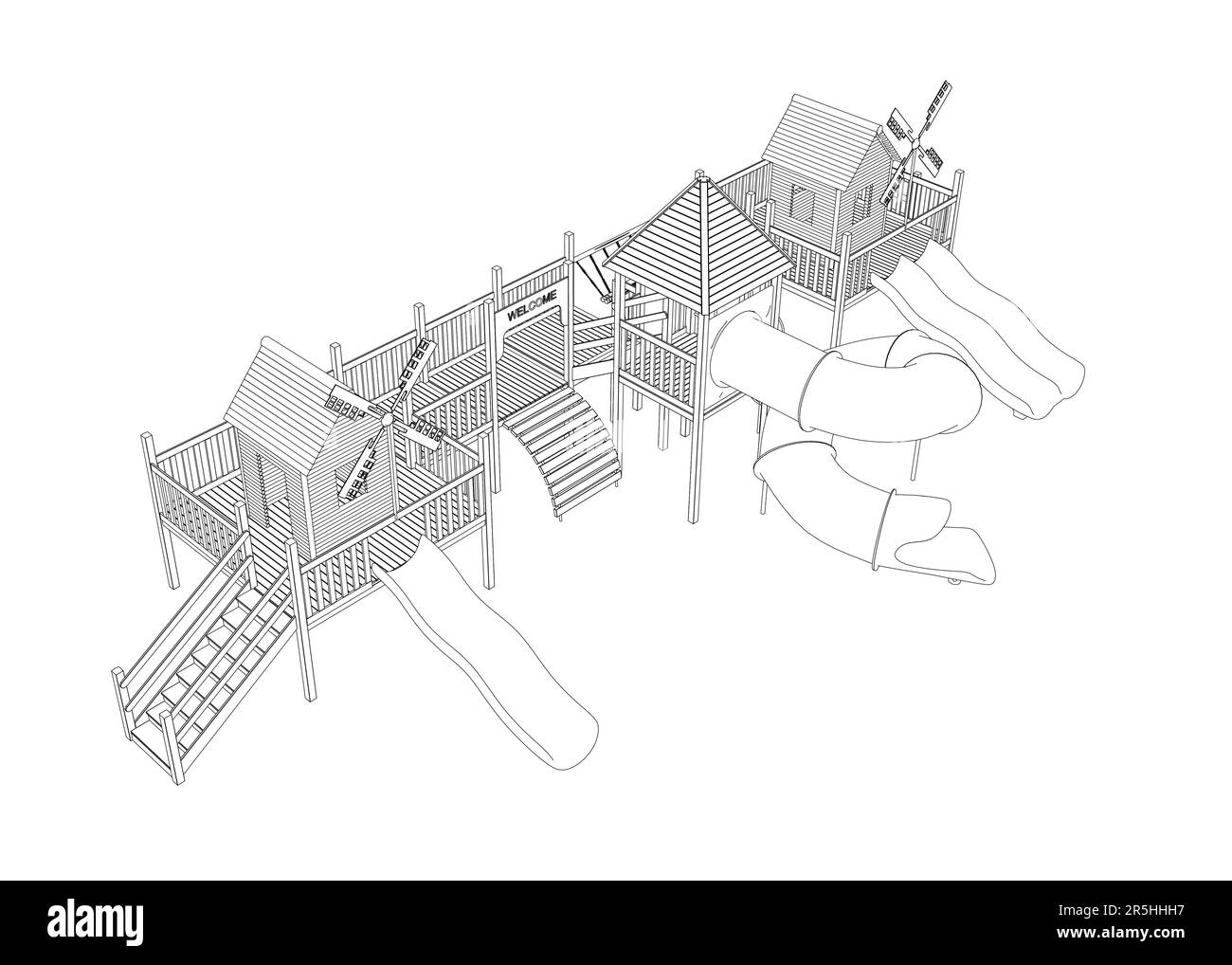 Umriss eines Spielplatzes mit Rutschen von schwarzen Linien auf weißem Hintergrund. Isometrische Ansicht. Vektordarstellung. Stock Vektor