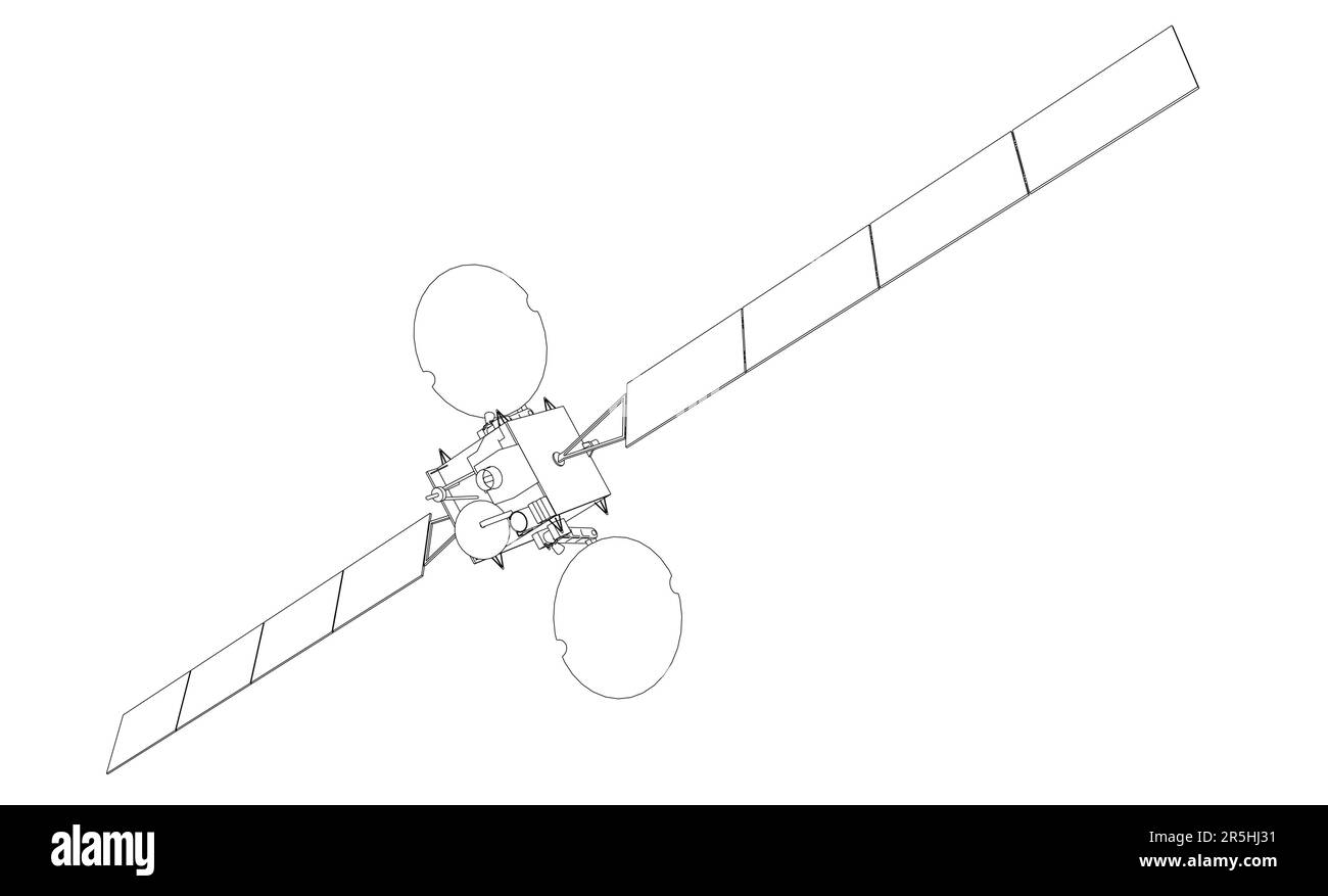 Umriss eines Weltraumsatelliten aus schwarzen Linien, isoliert auf weißem Hintergrund. Vektordarstellung. Stock Vektor