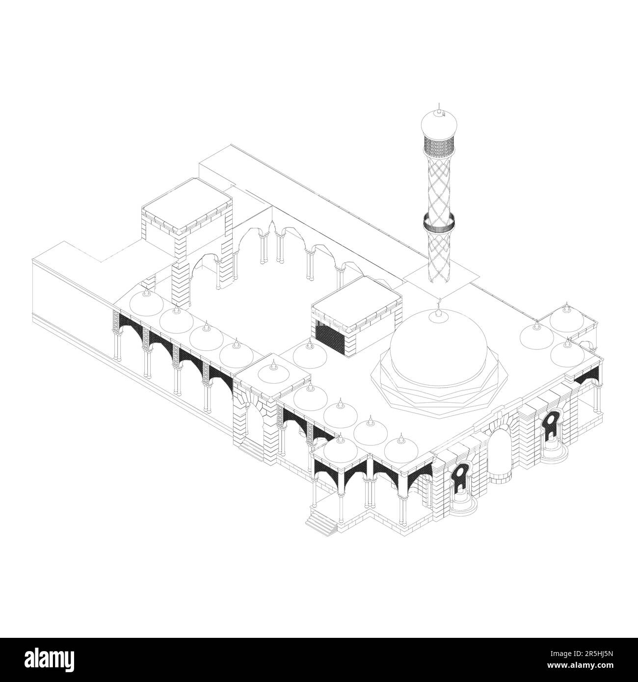 Umriss eines großen Tempels aus schwarzen Linien, isoliert auf weißem Hintergrund. Isometrische Ansicht. 3D. Vektordarstellung. Stock Vektor