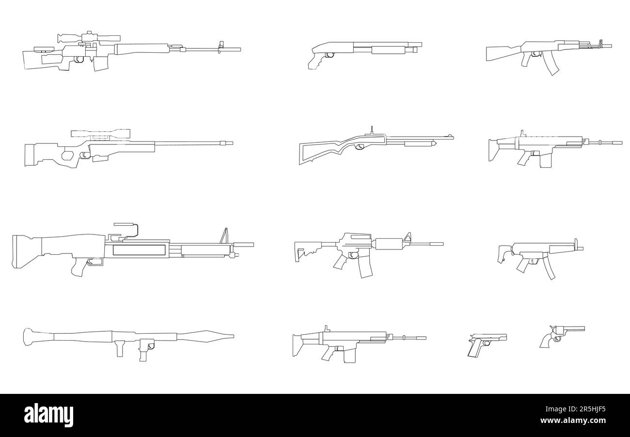 Set mit Konturen verschiedener Waffen aus schwarzen Linien, isoliert auf weißem Hintergrund. Maschinengewehre, Granatwerfer, Gewehr, Pistolen. Vektor-Illustration Stock Vektor