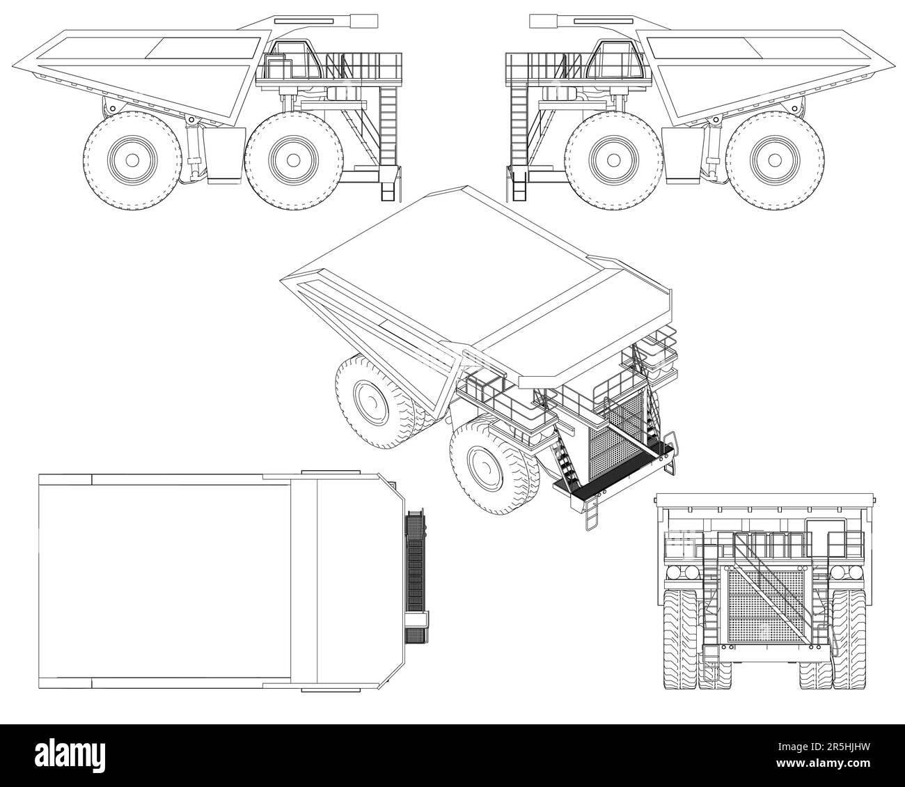 Set mit Konturen eines großen Lkws von schwarzen Linien isoliert auf weißem Hintergrund. Isometrische Ansicht, Seite, Vorderseite, Oben. Vektordarstellung. Stock Vektor