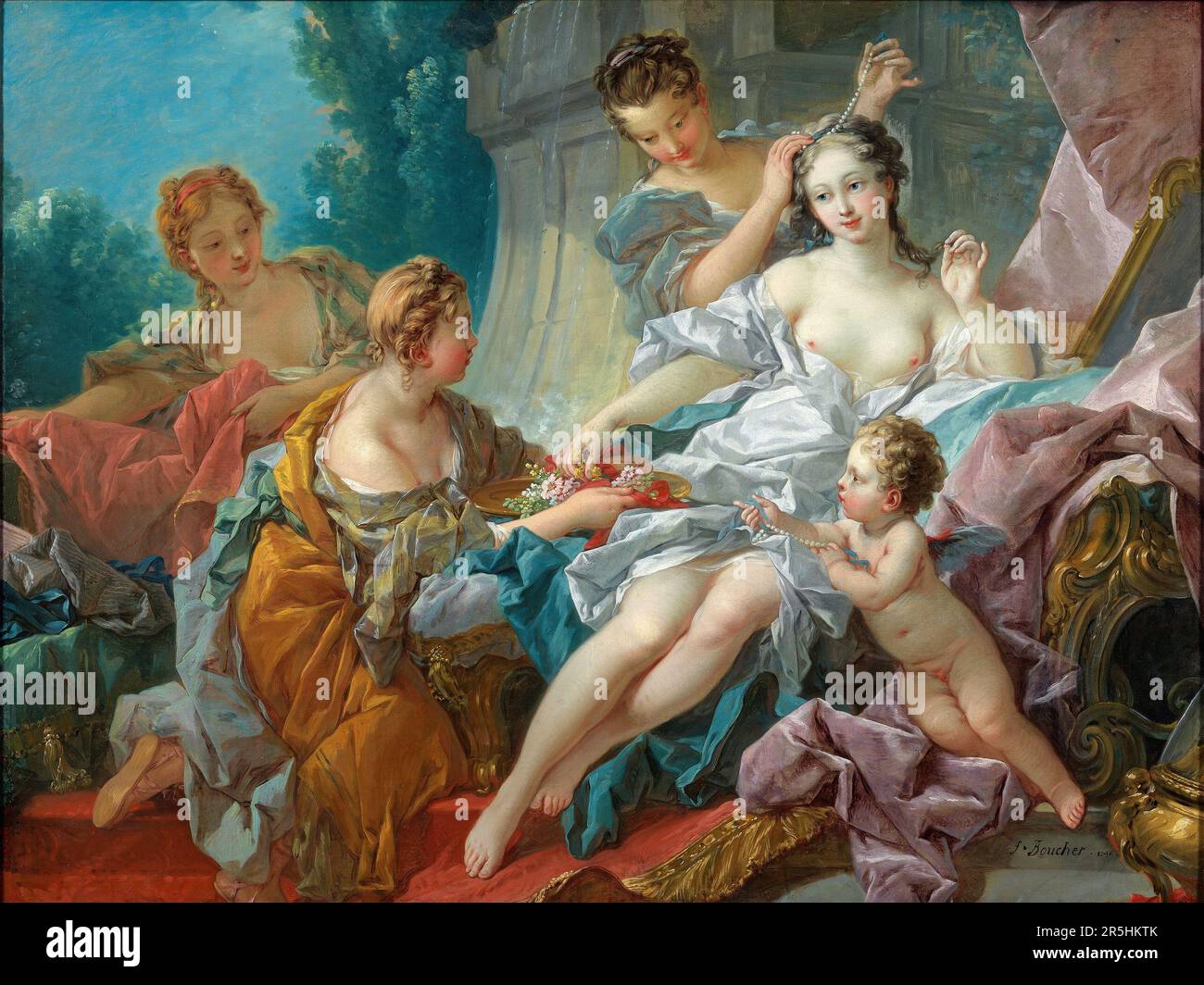 Die Toilette der Venus, gemalt von Francois Bouchard 1751. Obwohl heute kaum bekannt, war Francois Boucher einer der berühmtesten Maler des 18. Jahrhunderts in Frankreich. Er malte klassische Themen im Barock- und Rokoko-Stil. Seine Schirmherrin war Madame de Pompadour, und sein Werk war so beliebt, dass er schließlich Premier Peintre du ROI (erster Maler des Königs) wurde, ein angesehener Gerichtsstand im Antiker-Regime. Stockfoto