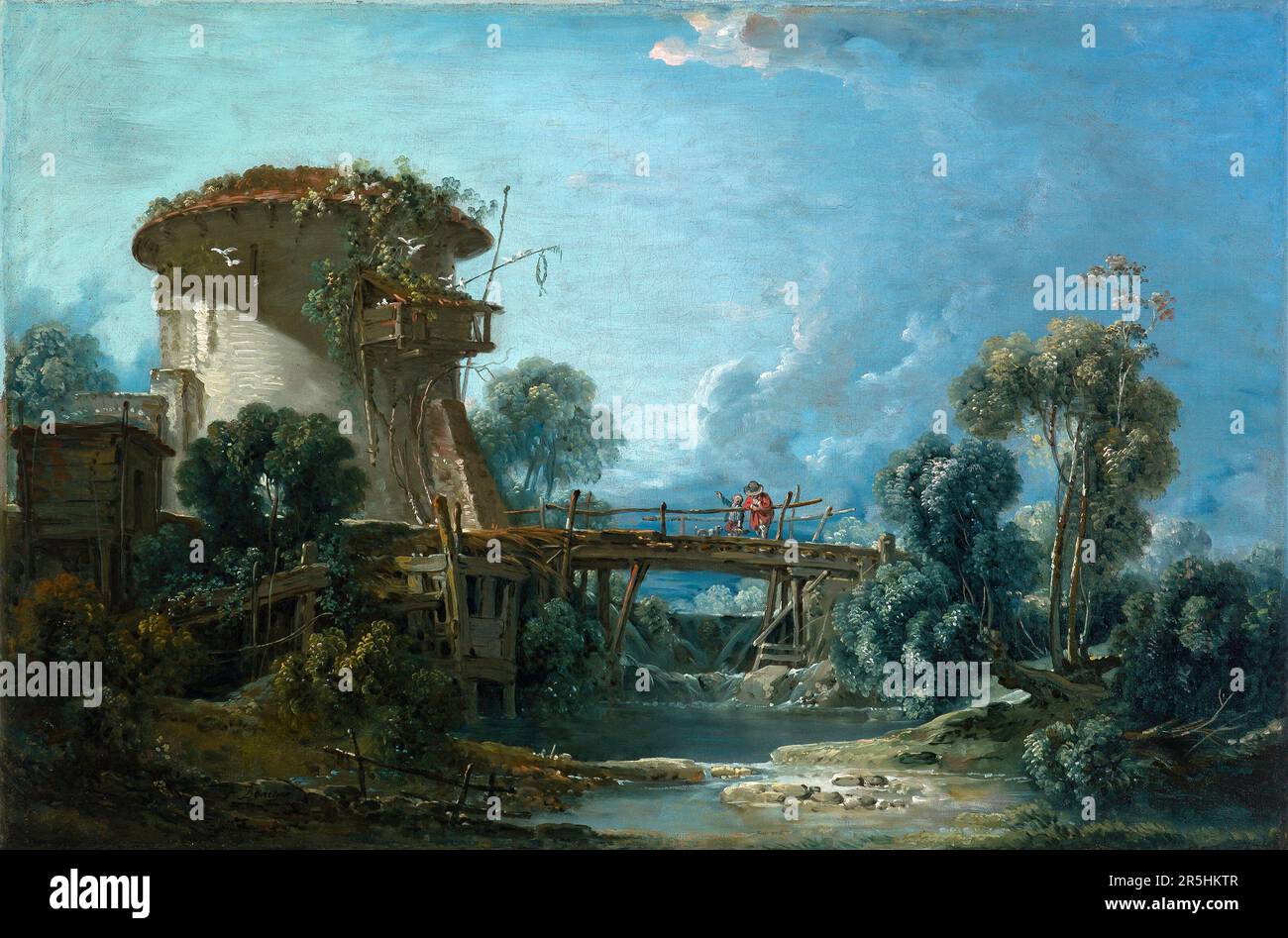 Der Dovecote, gemalt von Francois Bouchard 1758. Obwohl heute kaum bekannt, war Francois Boucher einer der berühmtesten Maler des 18. Jahrhunderts in Frankreich. Er malte klassische Themen im Barock- und Rokoko-Stil. Seine Schirmherrin war Madame de Pompadour, und sein Werk war so beliebt, dass er schließlich Premier Peintre du ROI (erster Maler des Königs) wurde, ein angesehener Gerichtsstand im Antiker-Regime. Stockfoto