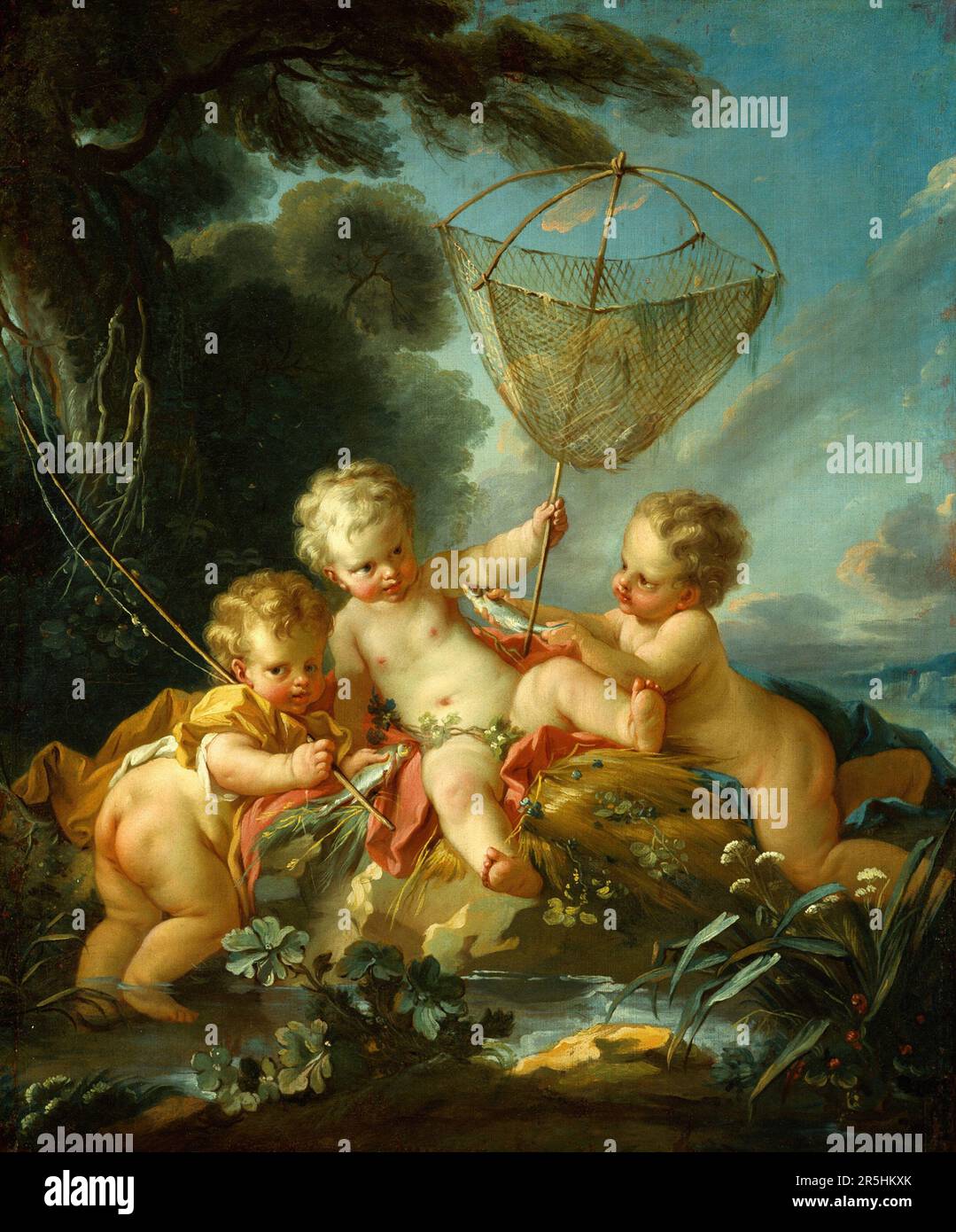 Putti als Fisherman gemalt von Francois Bouchard 1744. Obwohl heute kaum bekannt, war Francois Boucher einer der berühmtesten Maler des 18. Jahrhunderts in Frankreich. Er malte klassische Themen im Barock- und Rokoko-Stil. Seine Schirmherrin war Madame de Pompadour, und sein Werk war so beliebt, dass er schließlich Premier Peintre du ROI (erster Maler des Königs) wurde, ein angesehener Gerichtsstand im Antiker-Regime. Stockfoto