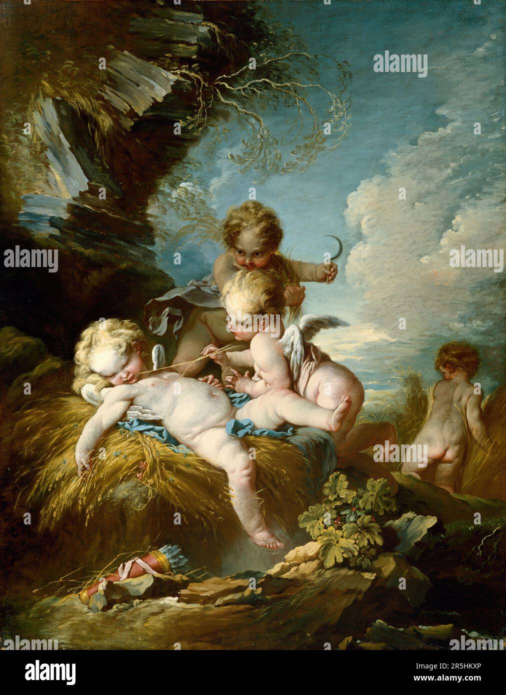 Die Cherub Harvesters, gemalt von Francois Boucher. Boucher war einer der berühmtesten Maler des 18. Jahrhunderts in Frankreich. Er malte klassische Themen im Barock- und Rokoko-Stil. Seine Schirmherrin war Madame de Pompadour, und sein Werk war so beliebt, dass er schließlich Premier Peintre du ROI (erster Maler des Königs) wurde, ein angesehener Gerichtsstand im Antiker-Regime. Stockfoto