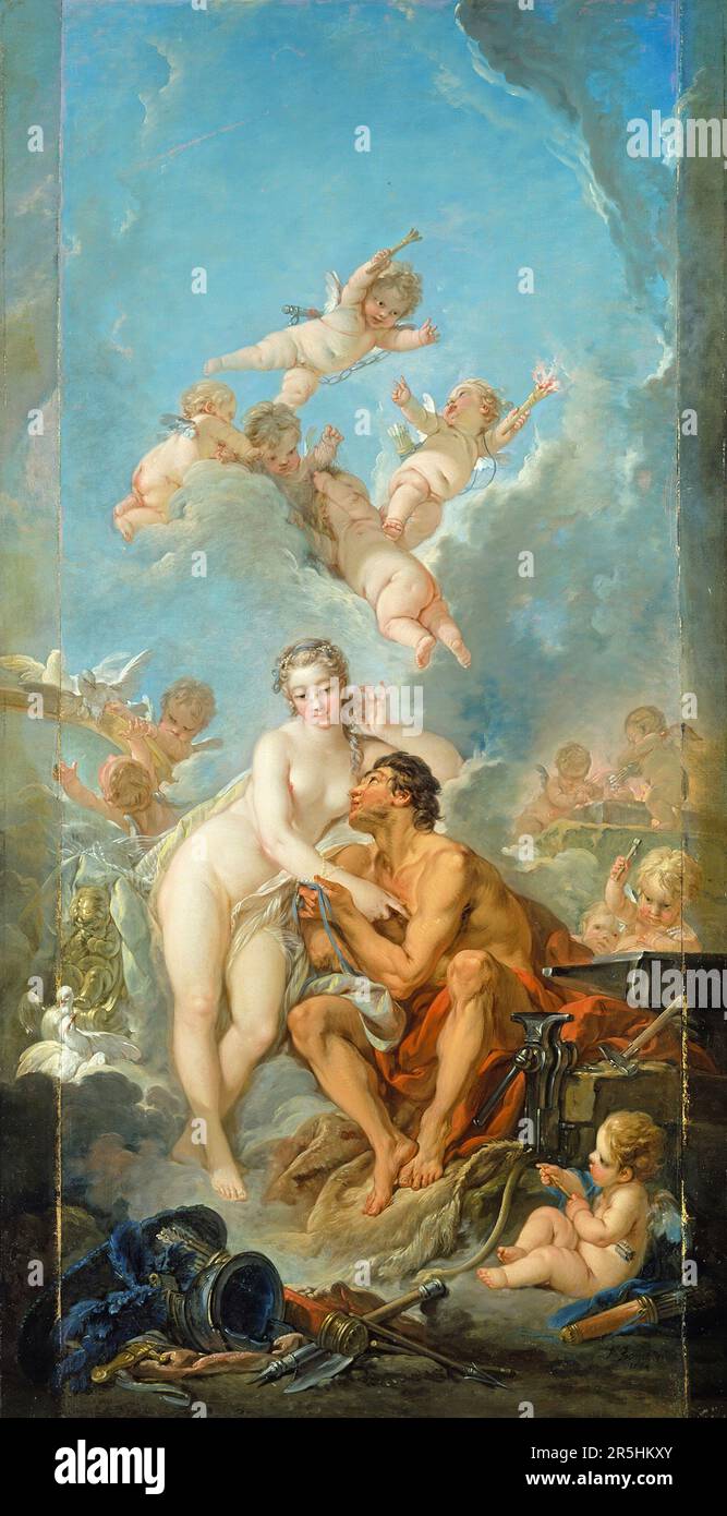 Venus und Vulkan, gemalt von Francois Bouchard im Jahr 1754. Obwohl heute kaum bekannt, war Francois Boucher einer der berühmtesten Maler des 18. Jahrhunderts in Frankreich. Er malte klassische Themen im Barock- und Rokoko-Stil. Seine Schirmherrin war Madame de Pompadour, und sein Werk war so beliebt, dass er schließlich Premier Peintre du ROI (erster Maler des Königs) wurde, ein angesehener Gerichtsstand im Antiker-Regime. Stockfoto