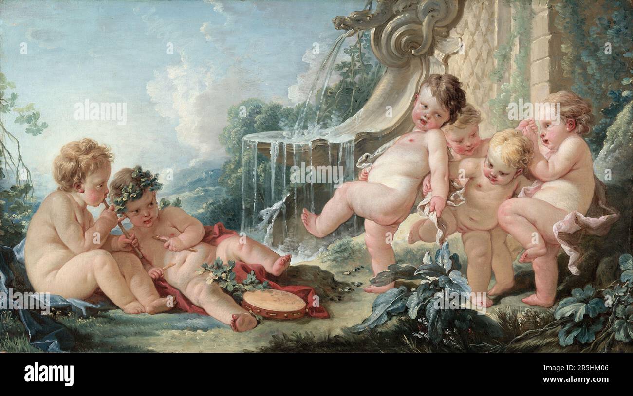 Music and Dance and Cupids in Conspiracy gemalt von Francois Bouchard im Jahr 1740. Obwohl heute kaum bekannt, war Francois Boucher einer der berühmtesten Maler des 18. Jahrhunderts in Frankreich. Er malte klassische Themen im Barock- und Rokoko-Stil. Seine Schirmherrin war Madame de Pompadour, und sein Werk war so beliebt, dass er schließlich Premier Peintre du ROI (erster Maler des Königs) wurde, ein angesehener Gerichtsstand im Antiker-Regime. Stockfoto