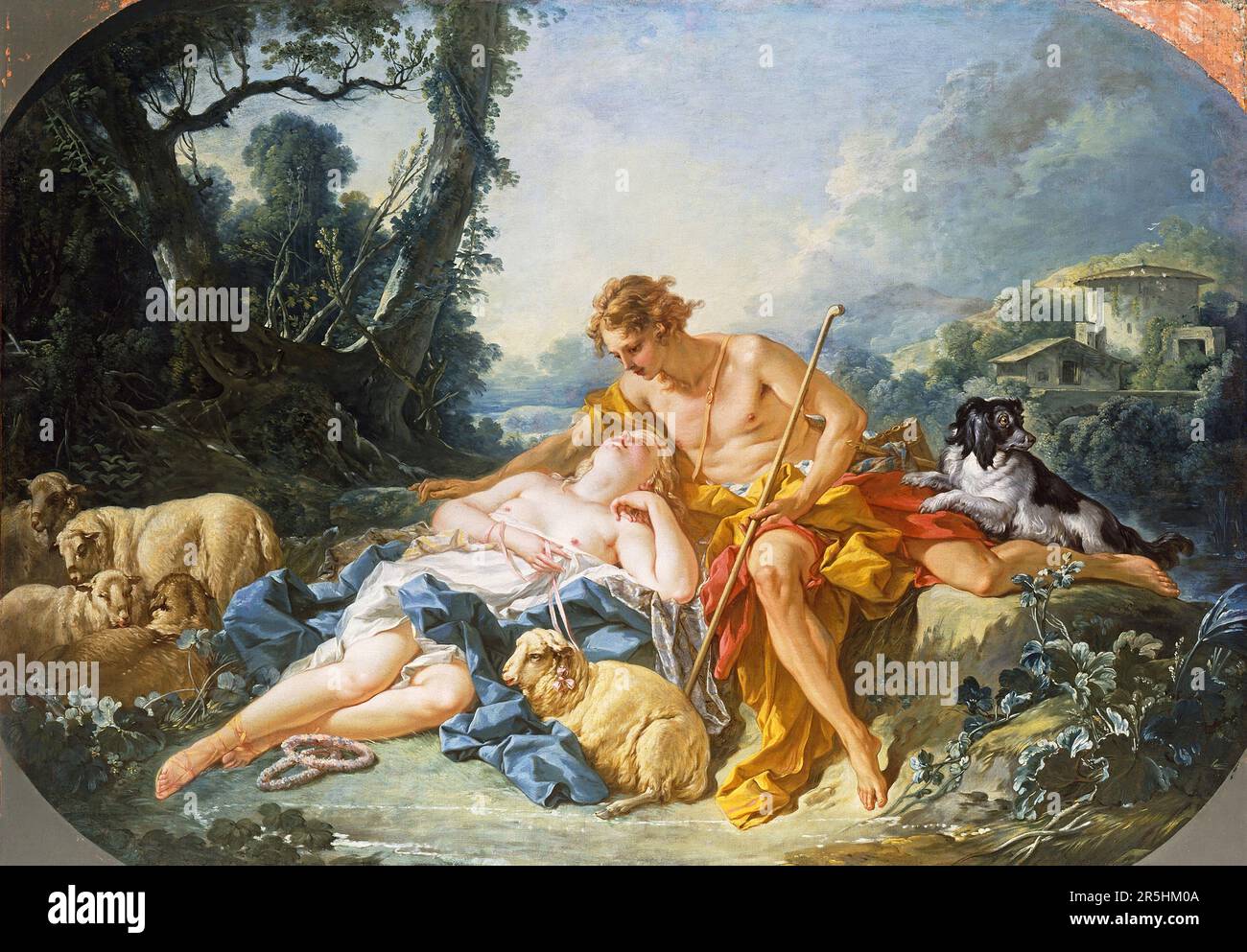 Daphnis und Chloe, gemalt von Francois Bouchard 1743. Obwohl heute kaum bekannt, war Francois Boucher einer der berühmtesten Maler des 18. Jahrhunderts in Frankreich. Er malte klassische Themen im Barock- und Rokoko-Stil. Seine Schirmherrin war Madame de Pompadour, und sein Werk war so beliebt, dass er schließlich Premier Peintre du ROI (erster Maler des Königs) wurde, ein angesehener Gerichtsstand im Antiker-Regime. Stockfoto