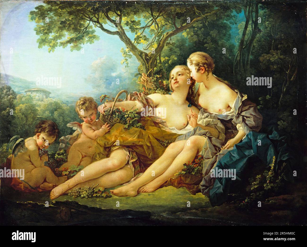 Erigone erobert von Francois Bouchard 1745. Obwohl heute kaum bekannt, war Francois Boucher einer der berühmtesten Maler des 18. Jahrhunderts in Frankreich. Er malte klassische Themen im Barock- und Rokoko-Stil. Seine Schirmherrin war Madame de Pompadour, und sein Werk war so beliebt, dass er schließlich Premier Peintre du ROI (erster Maler des Königs) wurde, ein angesehener Gerichtsstand im Antiker-Regime. Stockfoto