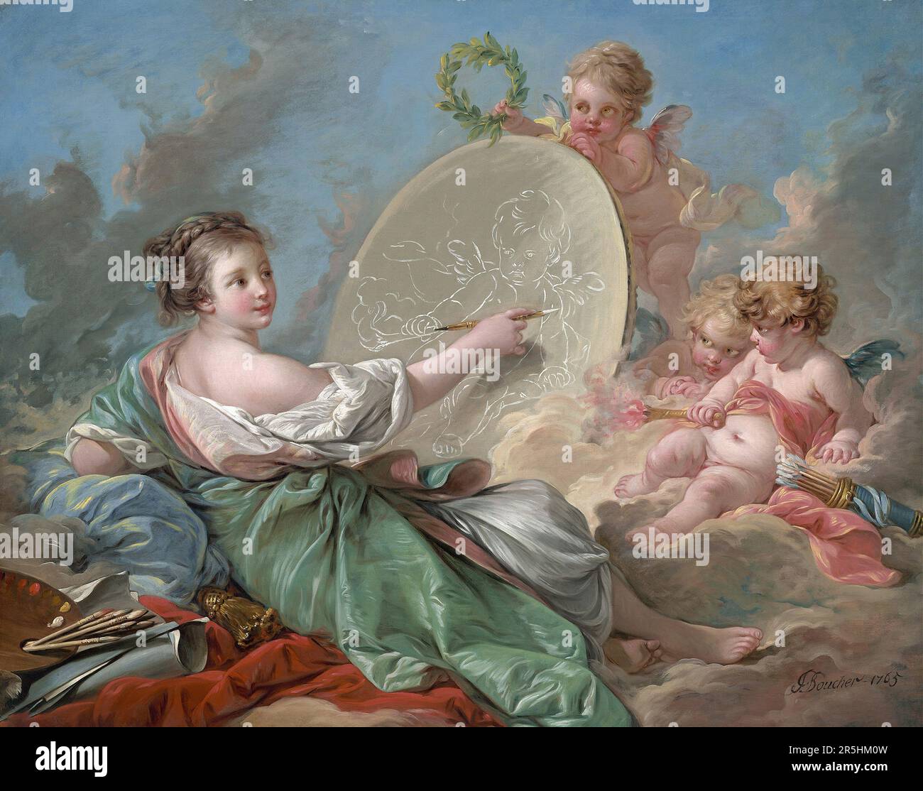 Allegorie der Malerei, gemalt von Francois Bouchard 1765. Obwohl heute kaum bekannt, war Francois Boucher einer der berühmtesten Maler des 18. Jahrhunderts in Frankreich. Er malte klassische Themen im Barock- und Rokoko-Stil. Seine Schirmherrin war Madame de Pompadour, und sein Werk war so beliebt, dass er schließlich Premier Peintre du ROI (erster Maler des Königs) wurde, ein angesehener Gerichtsstand im Antiker-Regime. Stockfoto